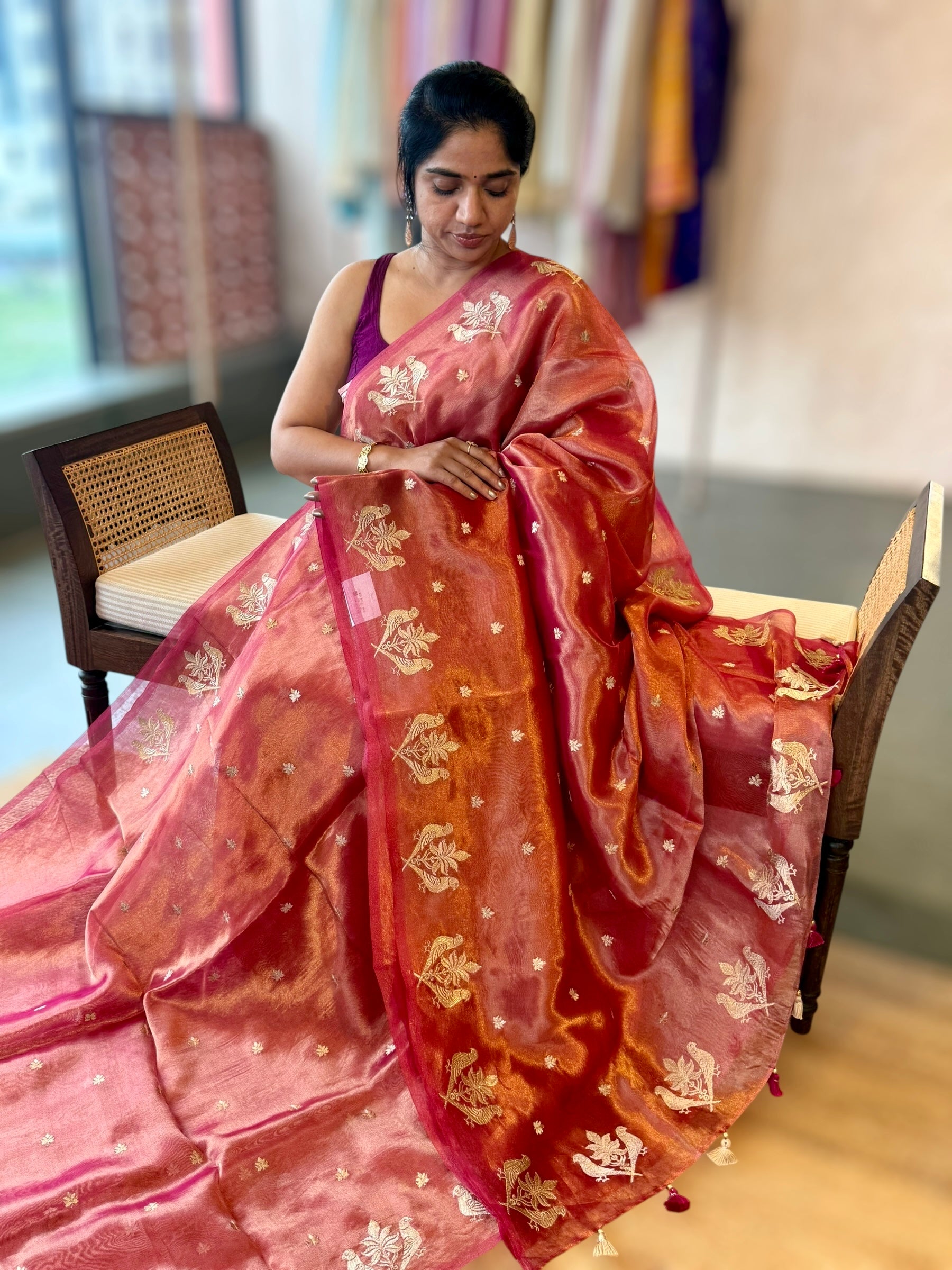 Pink Handloom Tissue Saree With Bird Embroidered Border & Stripes Tissue BP