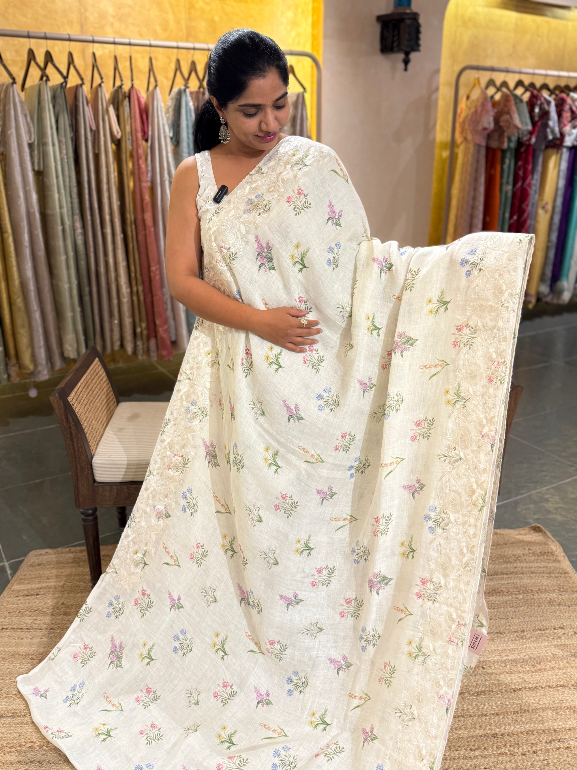 Pure Handloom Lenin Print Saree With  Parsi Gara Style Embroidery