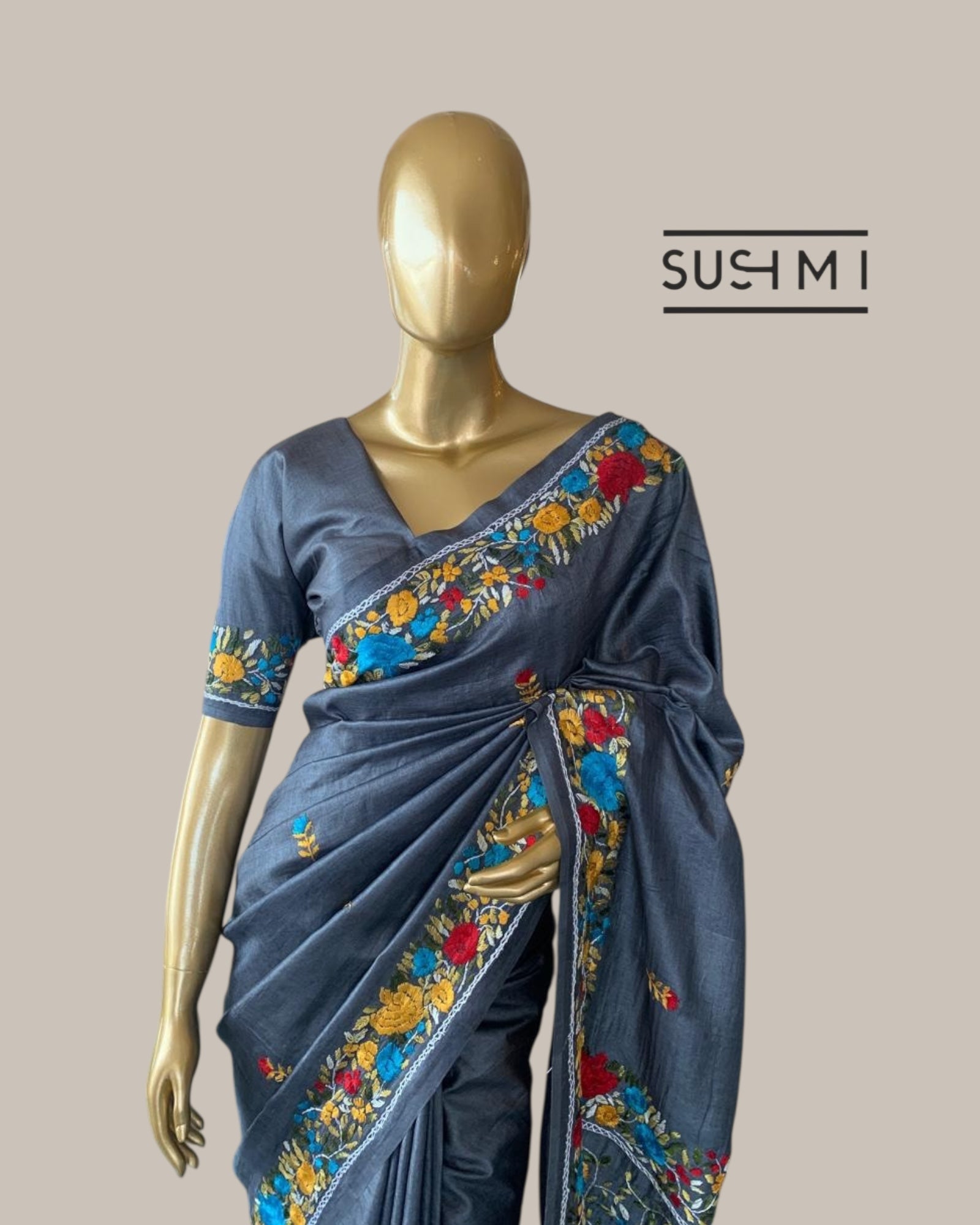Elephant Grey Pure Tussar Saree with Parsi handwork