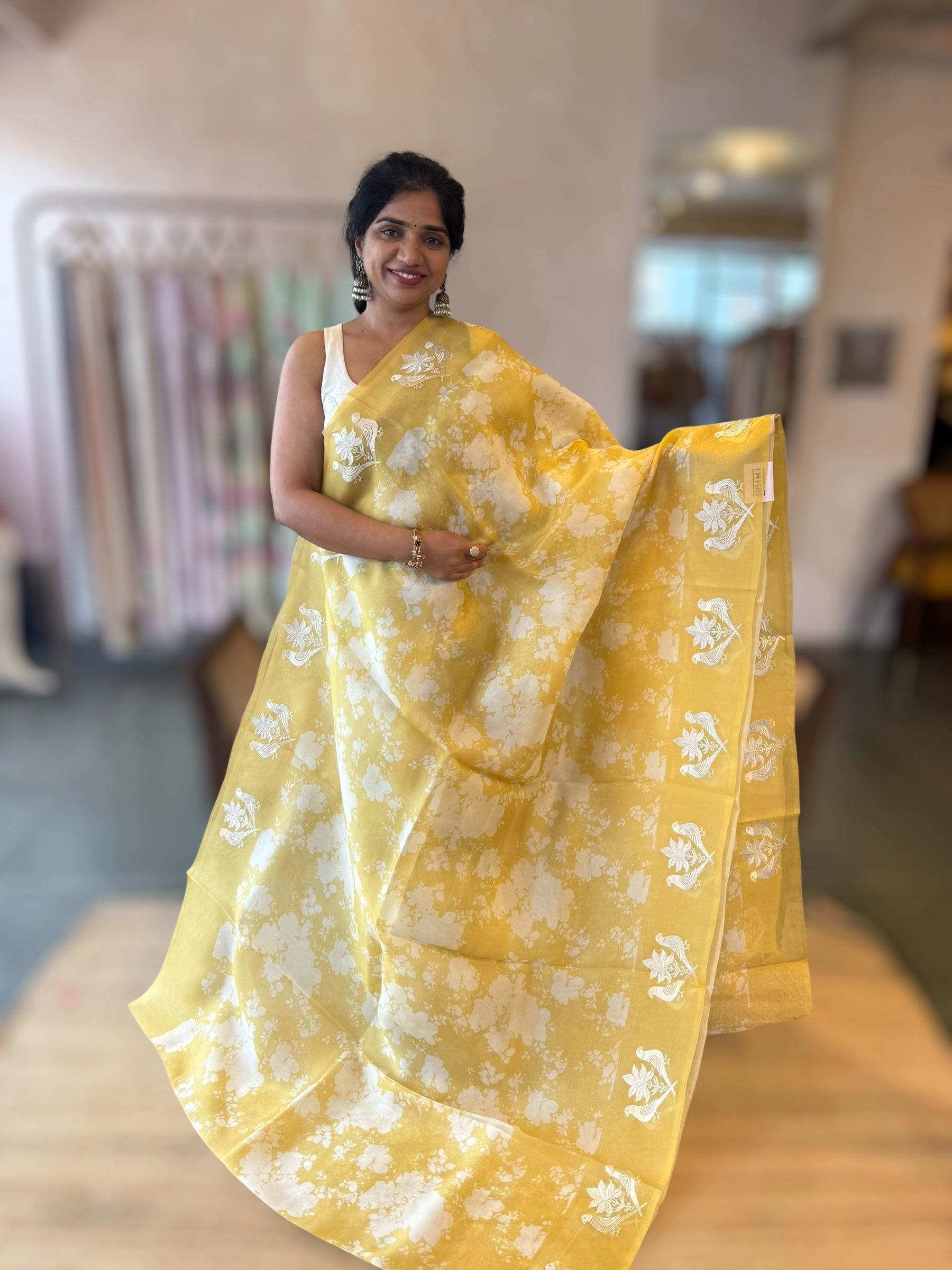 Yellow Floral Printed Pure Organza Saree With Birds  Embroidered Motif  Border