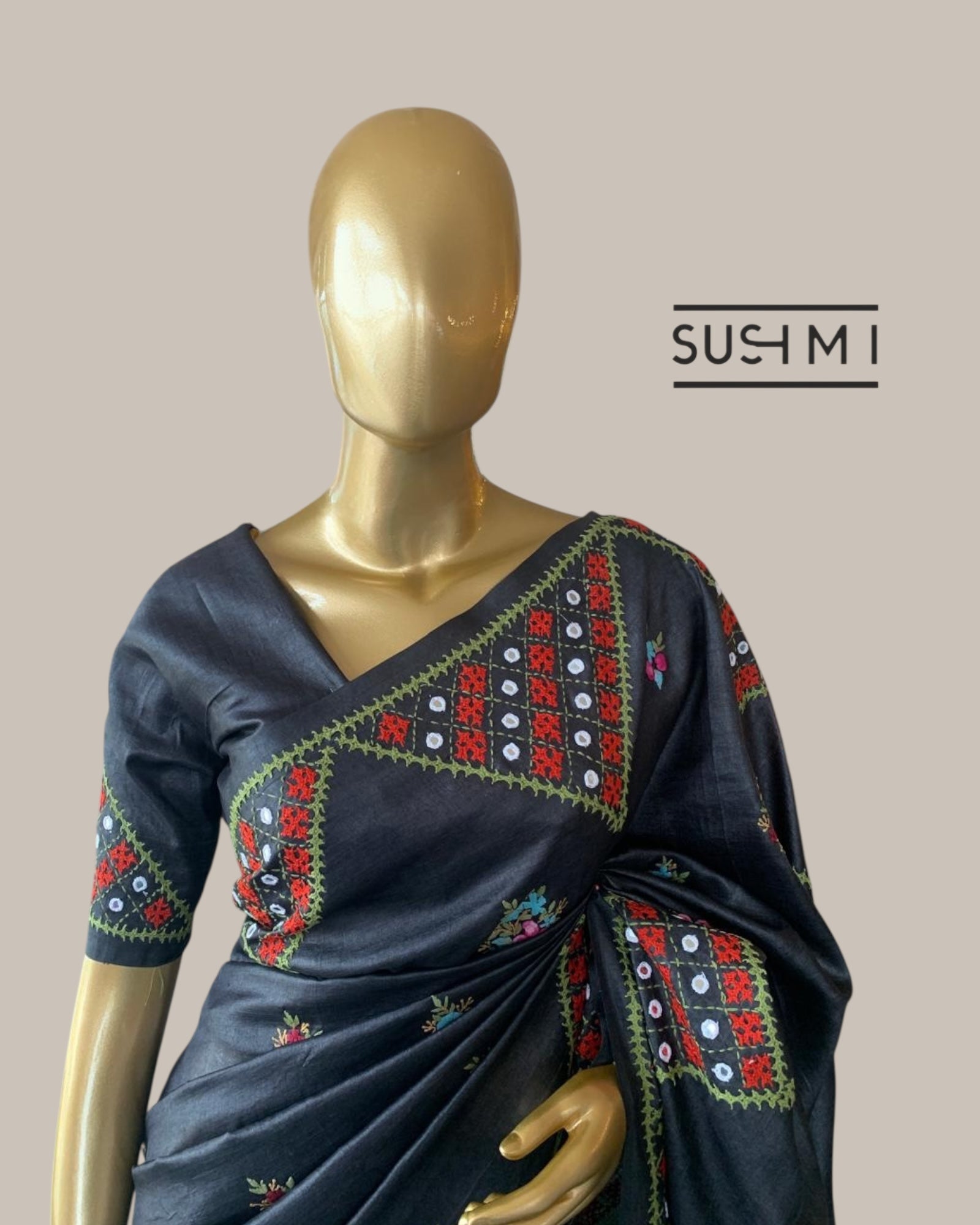 Elephant Grey Pure Tussar Saree with handwork Kutch embroidered with mirrors