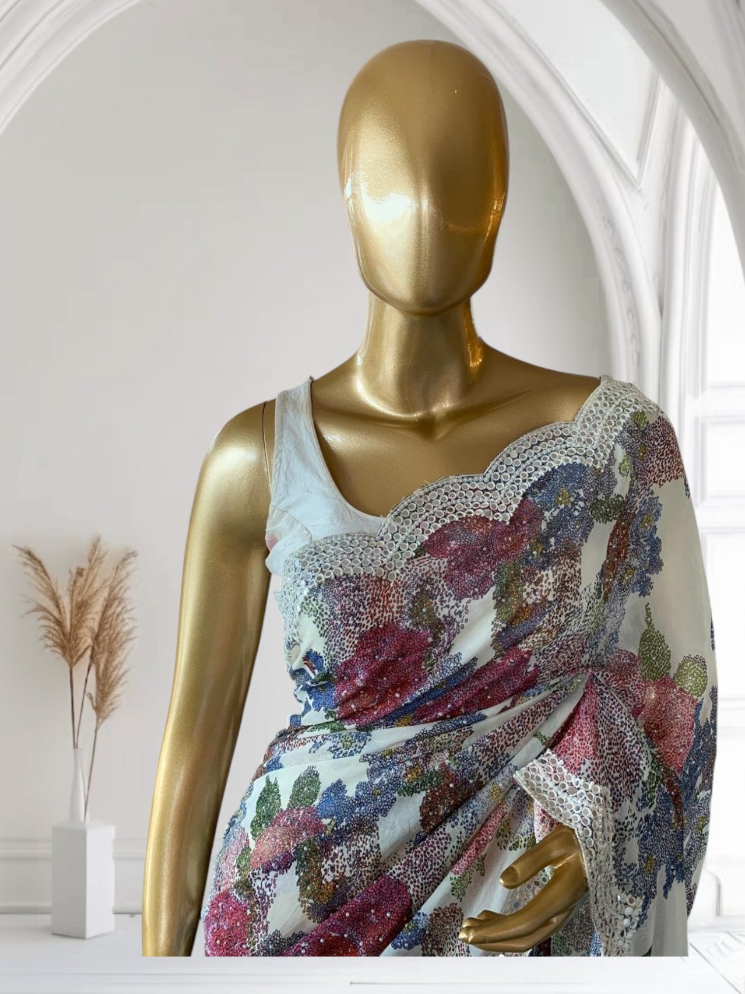 Ivory Gorgette Print with handwork mirrorwork borders