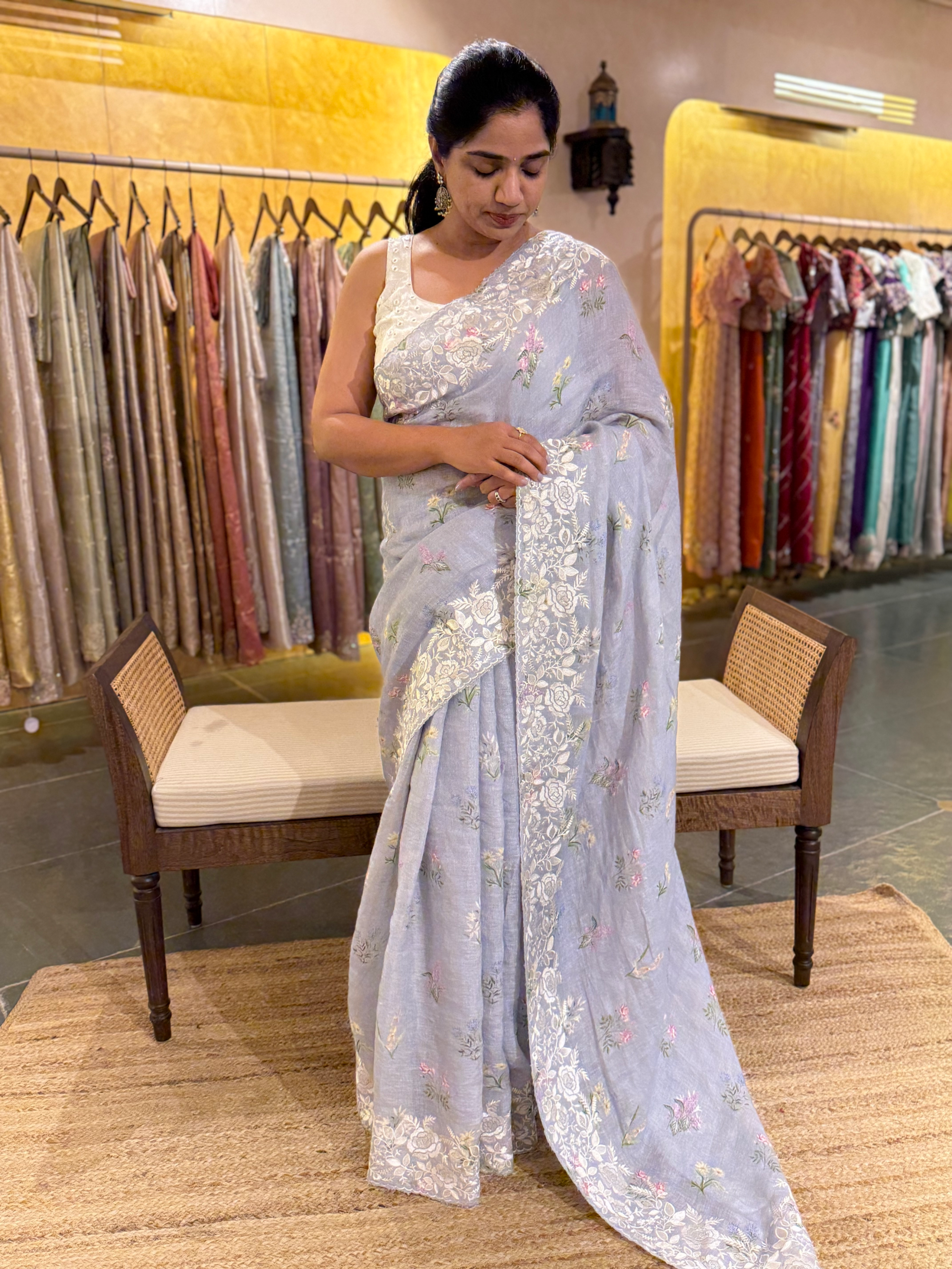Pure Handloom Lenin Print Saree With  Parsi Gara Style Embroidery