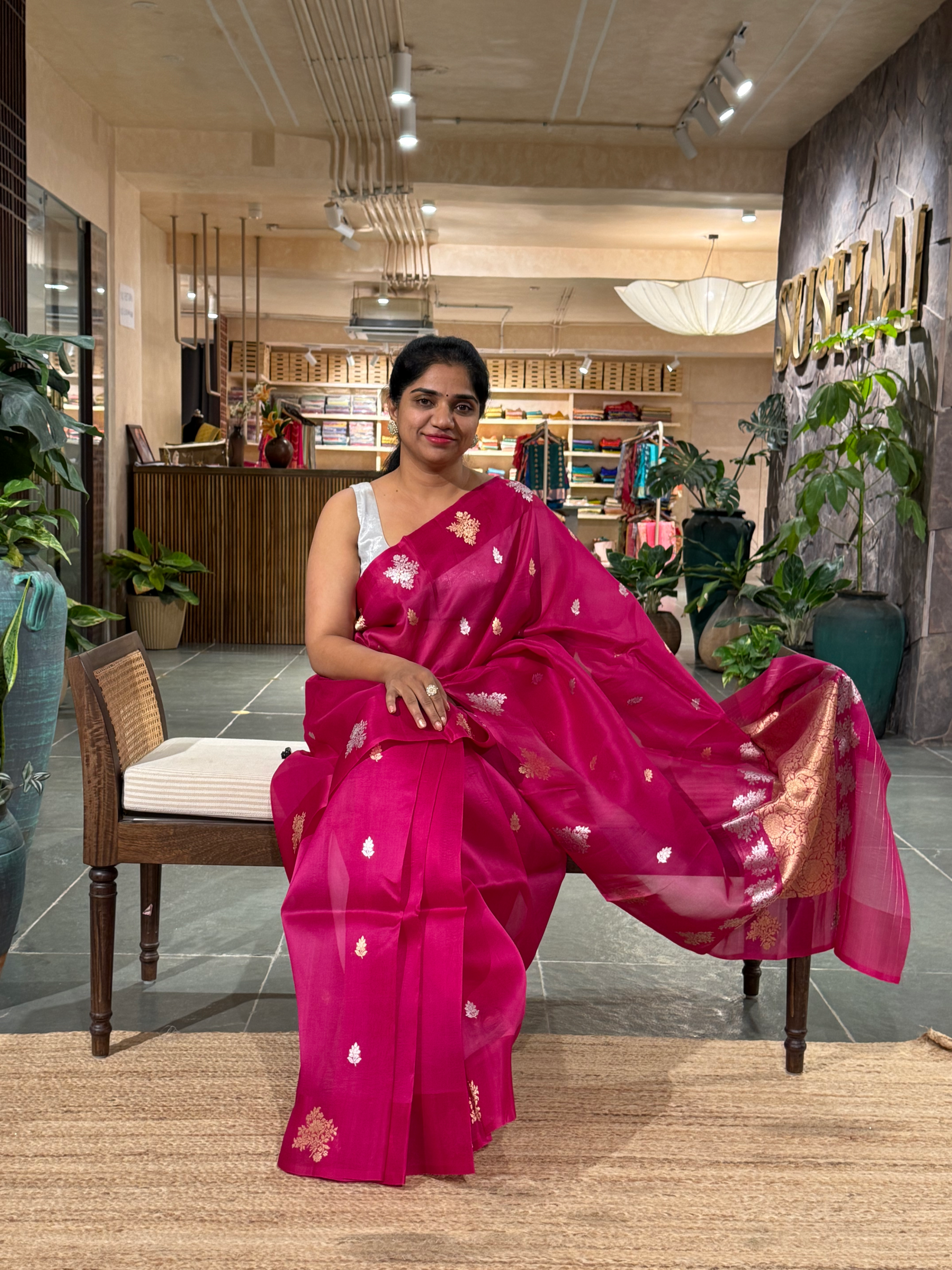 Rani Pink Kora Banarasi Handloom Silk Saree with Sona Rupa Kaduwa Weaving
