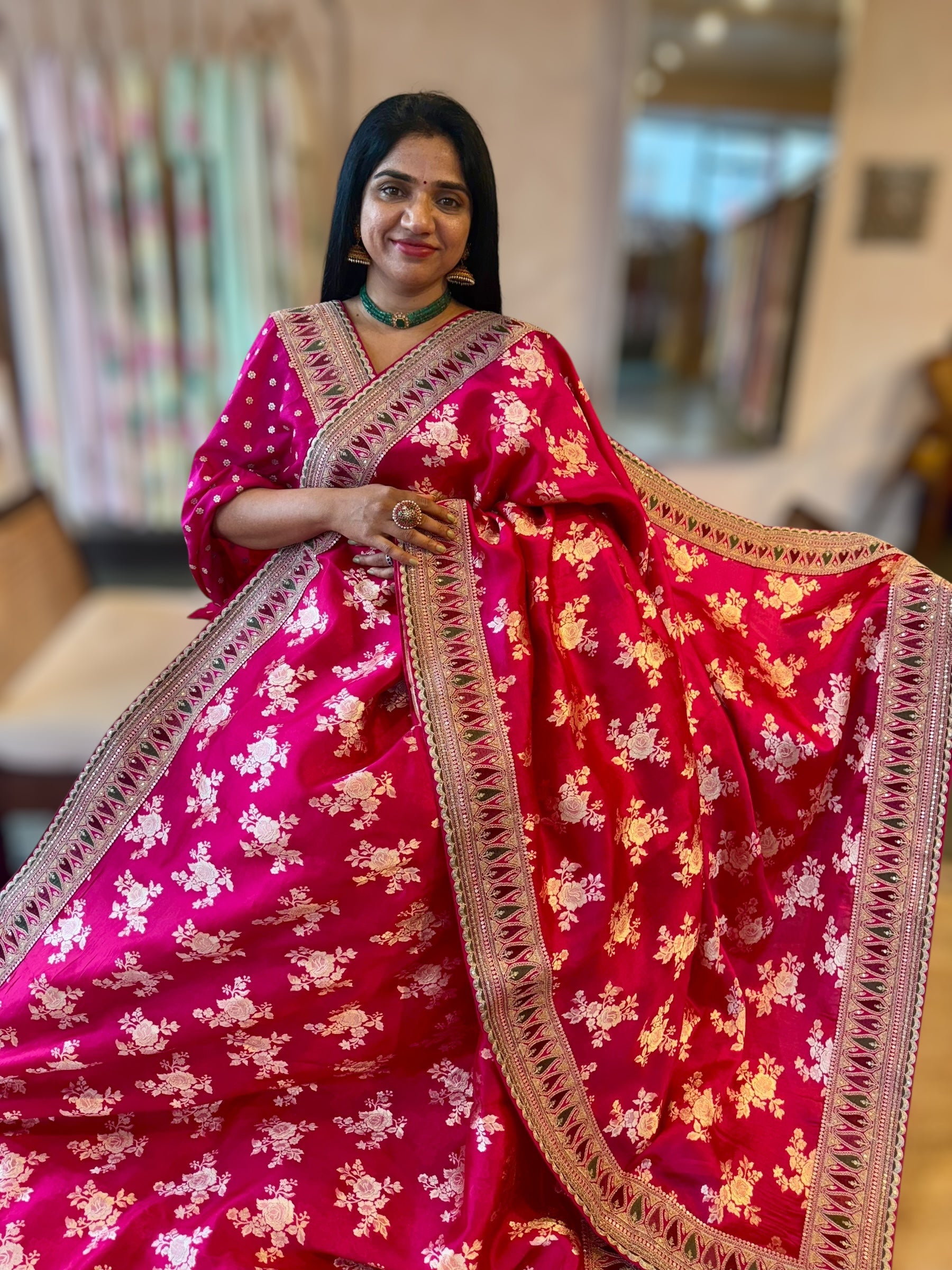 Rani Pink Banarasi Silk Saree With Sabhyasachi Borders