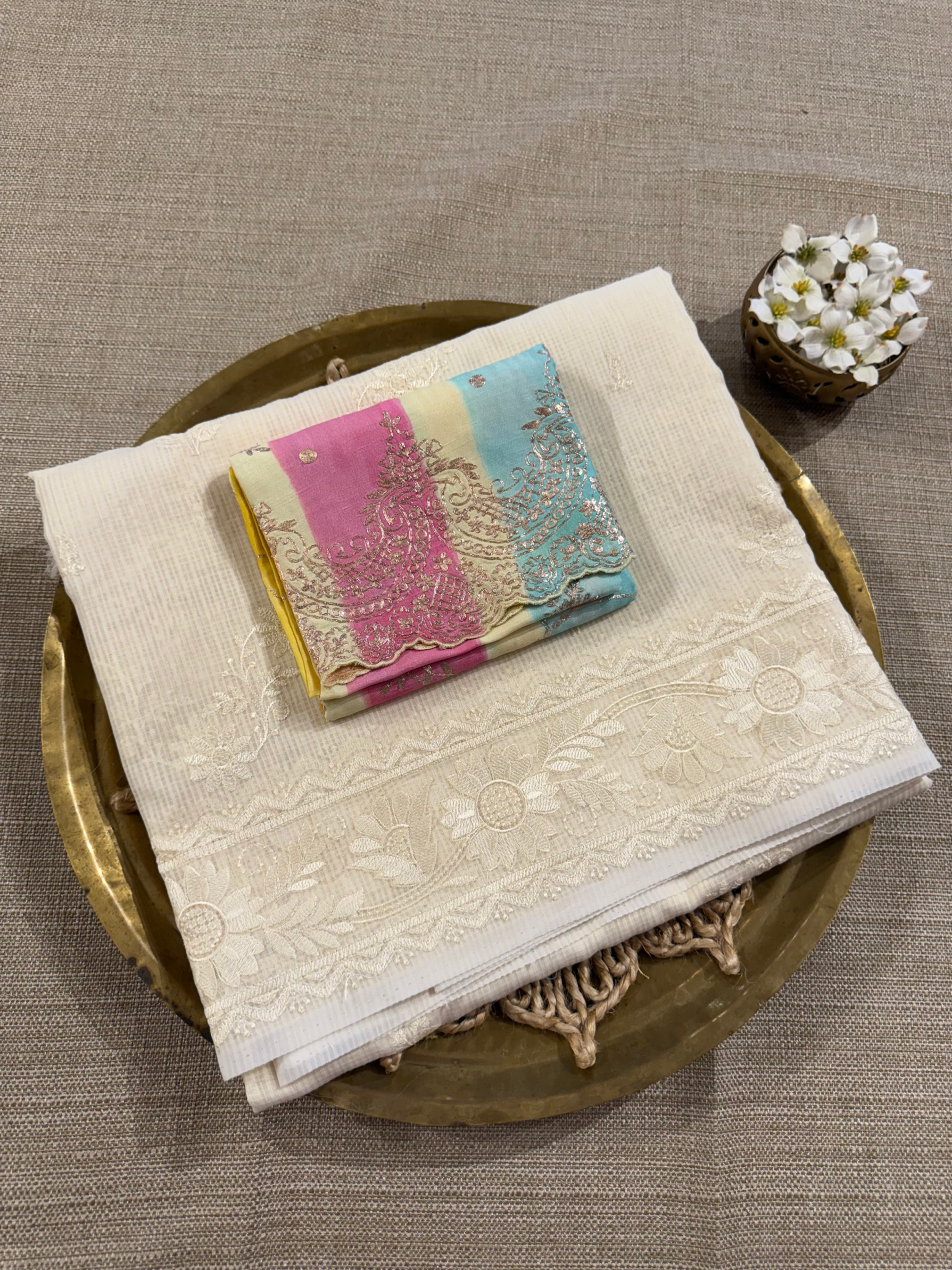 KCCA1910 : Kota Cotton Chikankari Embroidered Saree paired with Fusion Blouses