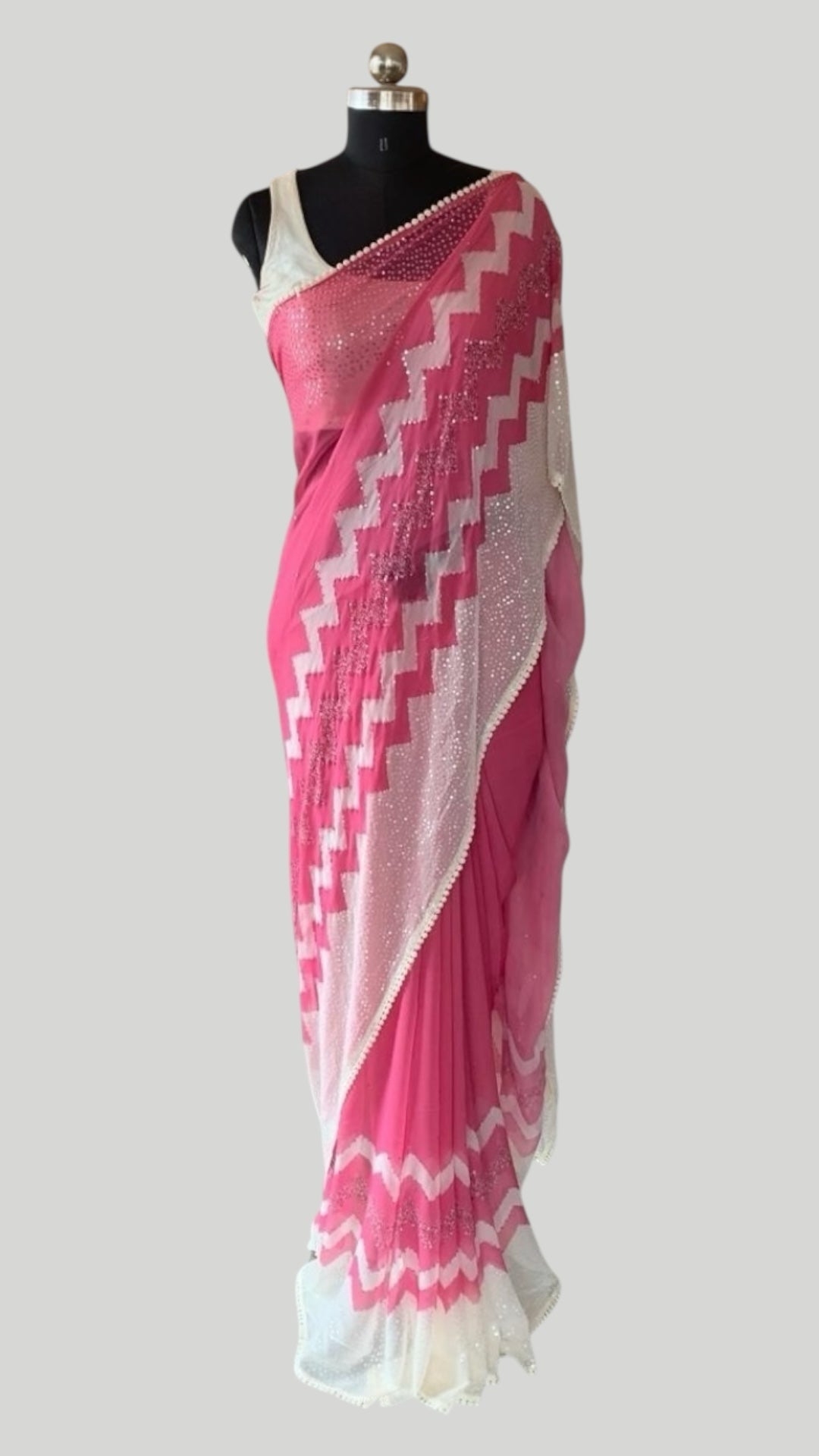 Coral Pink Pure Gorgette Saree With Zigzag Pattern Sequnce Border