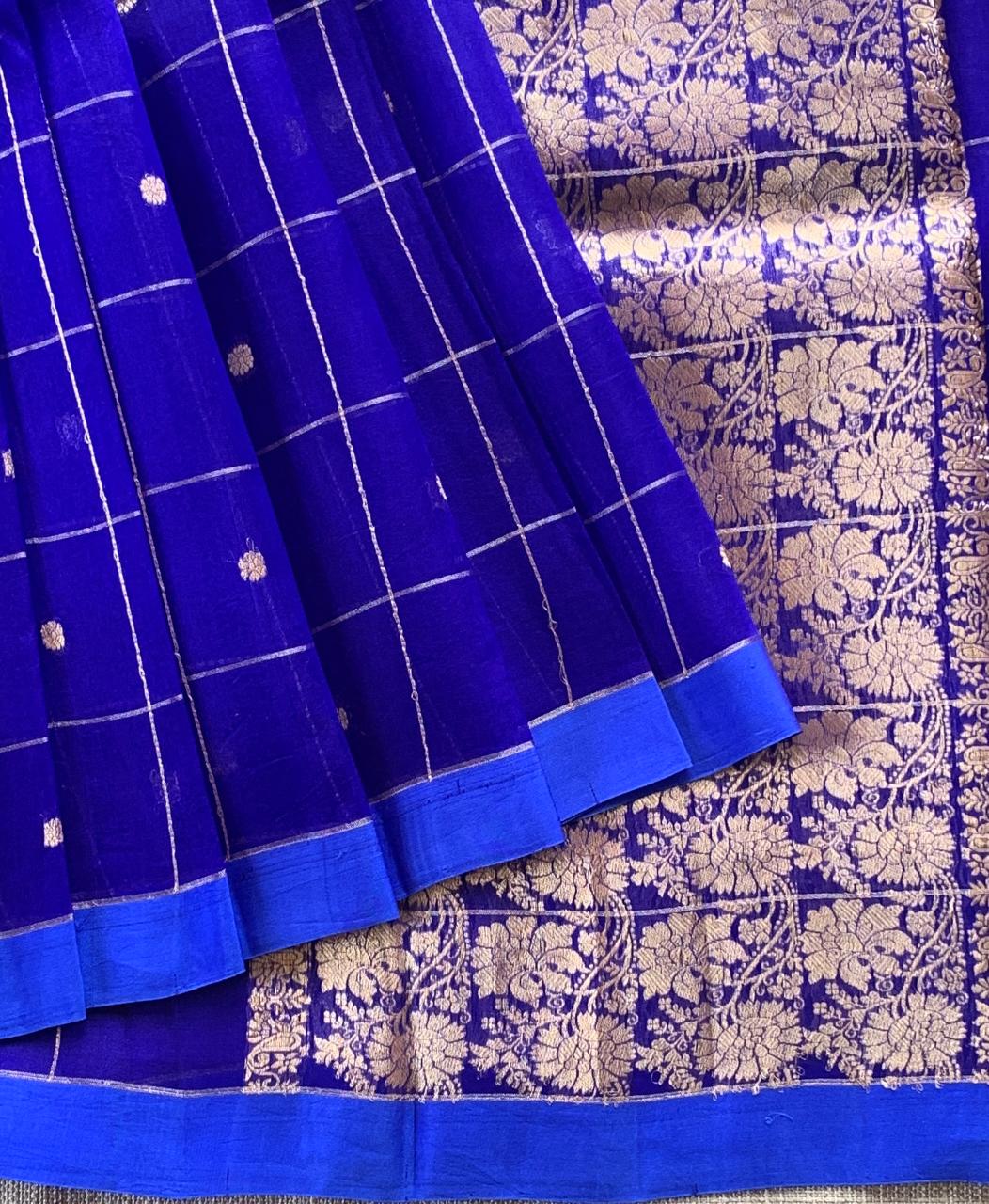 RoyalBlue Handloom Banarasi Kora Checks Saree with Kaduwa Woven Zari Motifs .