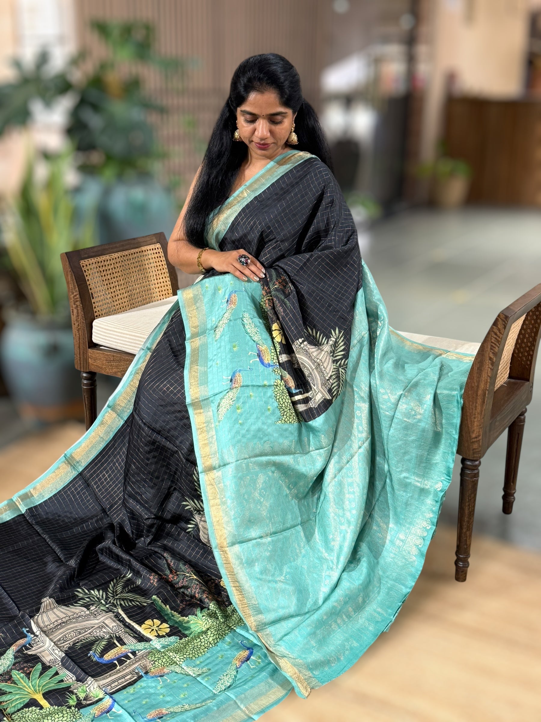 Black Checks Soft Silk with beautiful Skirt Border Peacock Print
