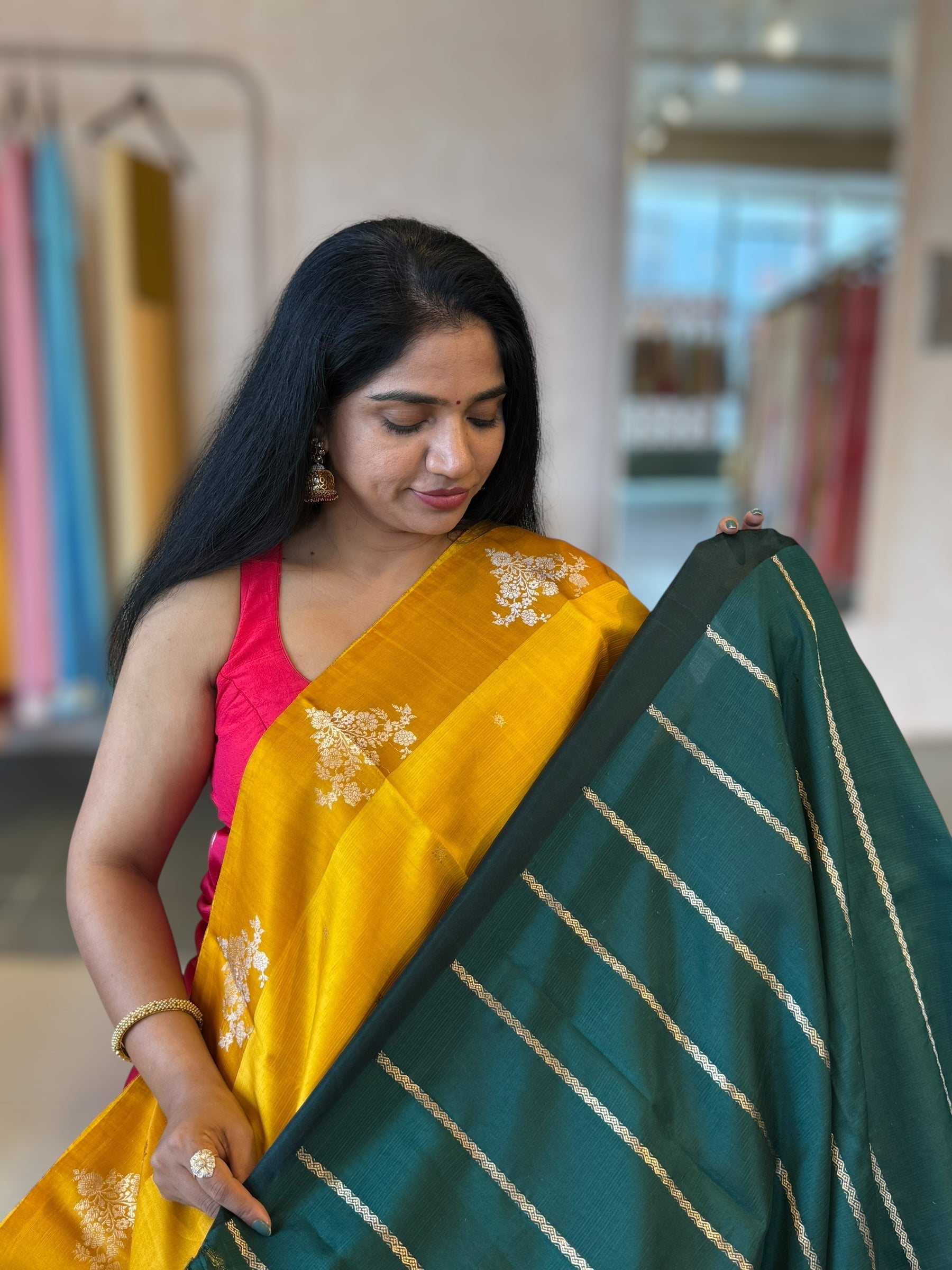 Mustard Yellow Banarasi Raw Mango Silk Saree with Open Borders & Kaduwa Weaving