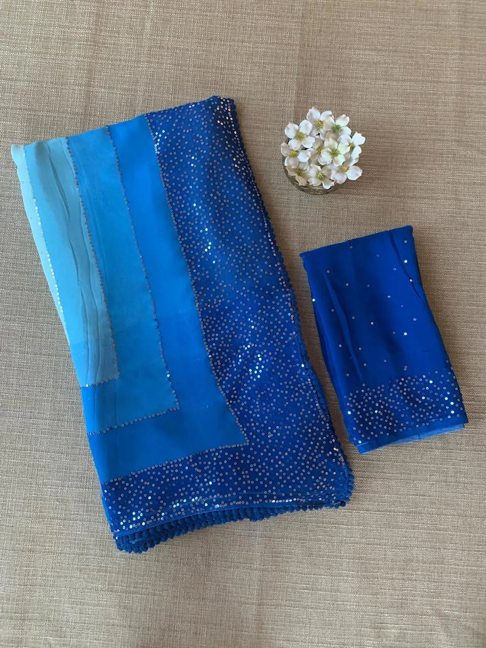 Pastel Blue Pure Gorgette Saree With Shaded Sequnce Border