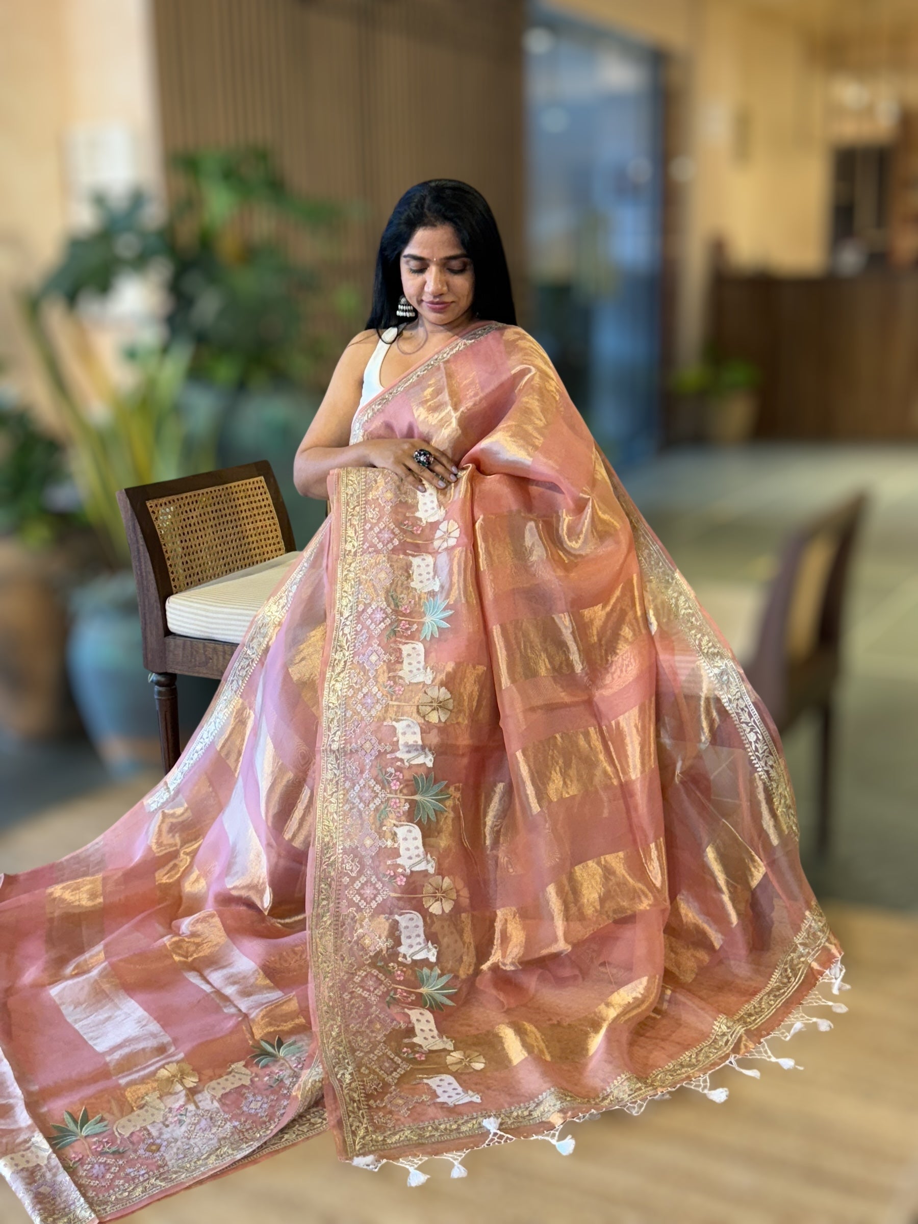 Peach Pink Kora Tissue Stripes Saree With Jamdani  & Pichwai embroidered Border