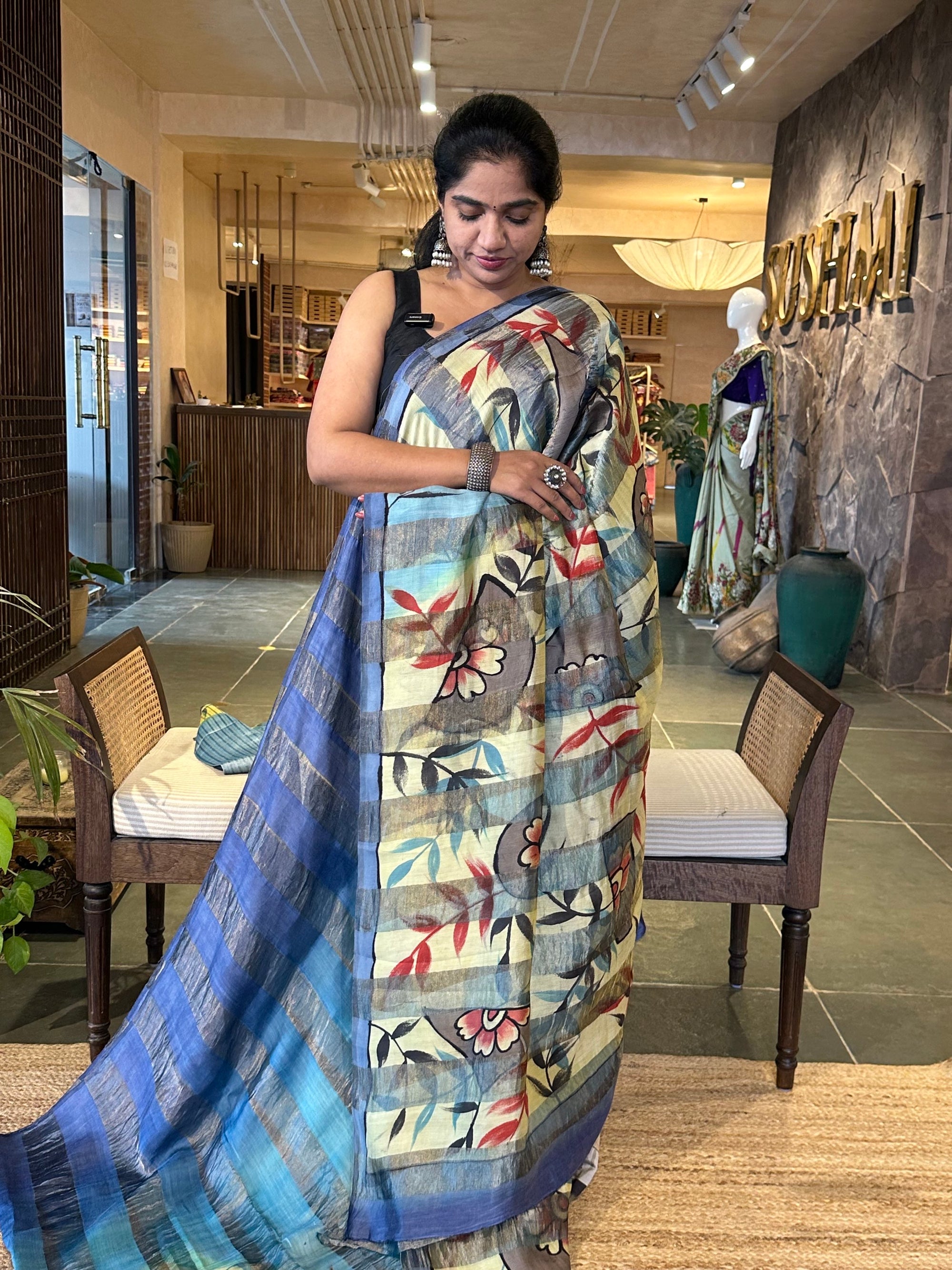 Pure Handloom Banarasi Munga Tissue  Saree with handpainting