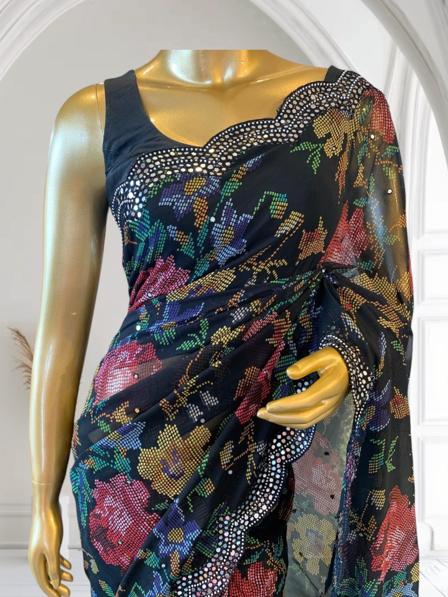 Black Gorgette printed Saree with handwork mirrorwork borders