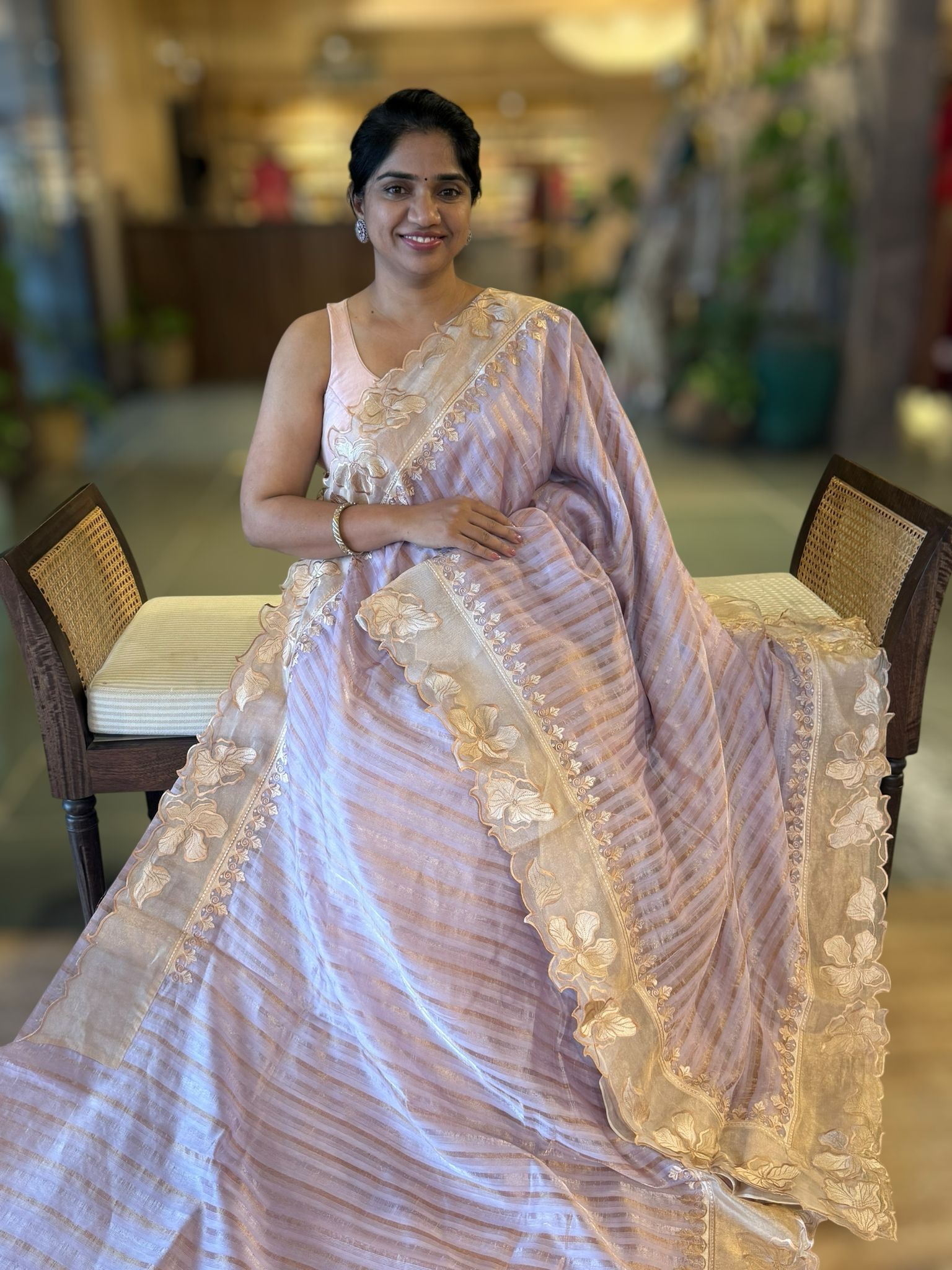Lilac Mul Tissue Stripes Saree With Tissue Cutwork  Border & Blouse