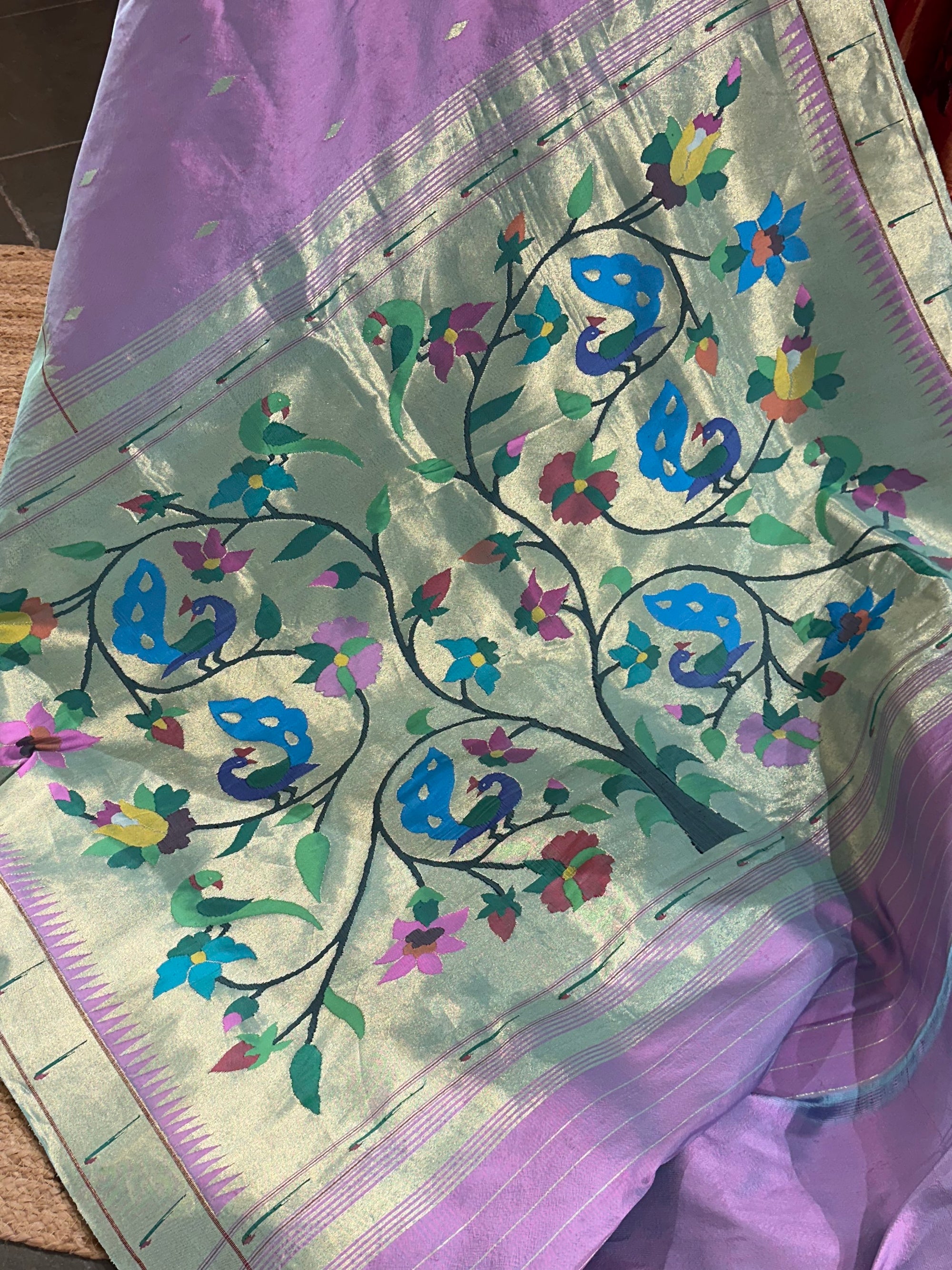 Lilac and Seablue Combo Half allover Pure Handloom Paithani Saree