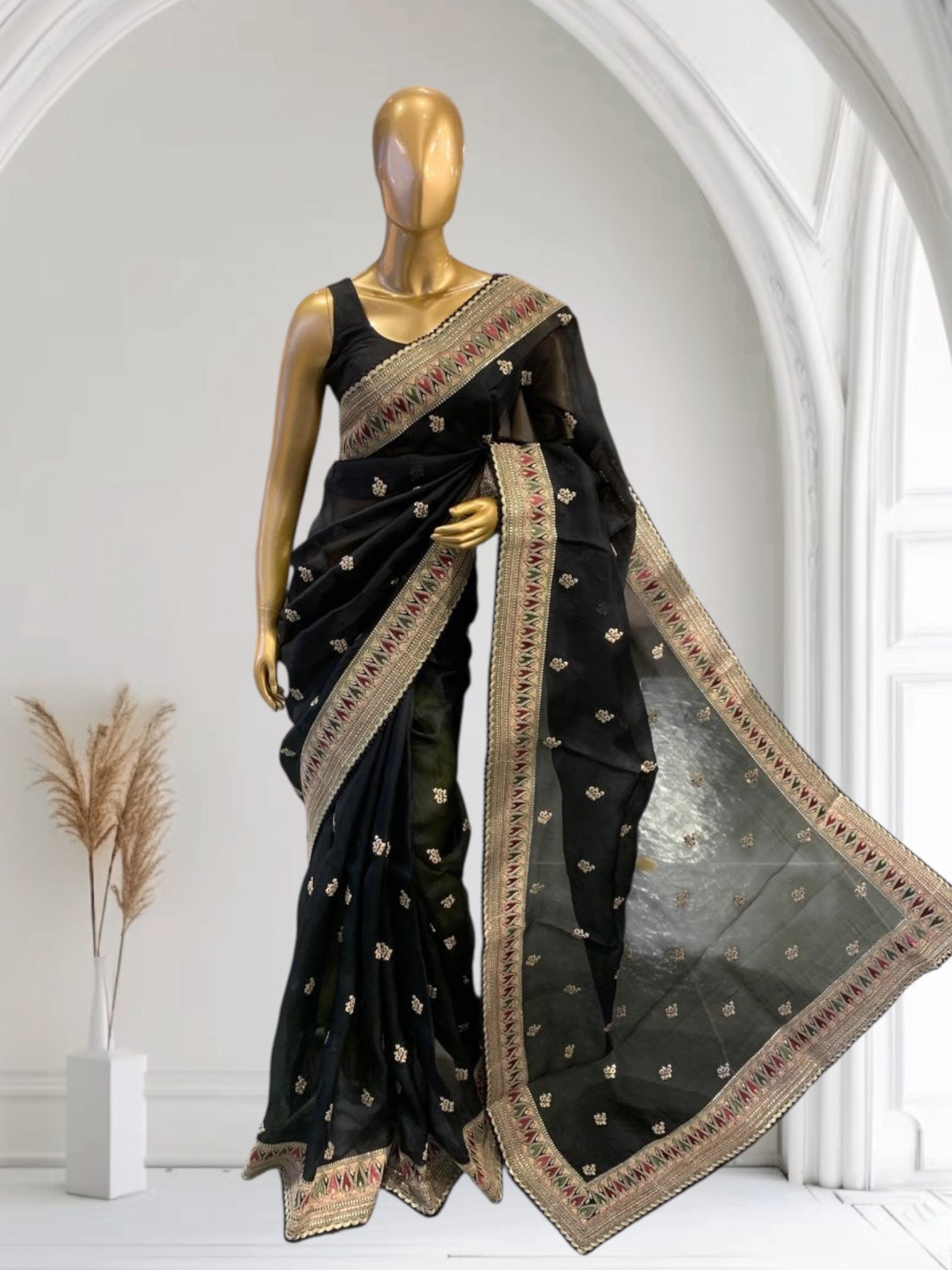 Luxe Black Organza Saree with Sabyasachi-Inspired Border & Blouse
