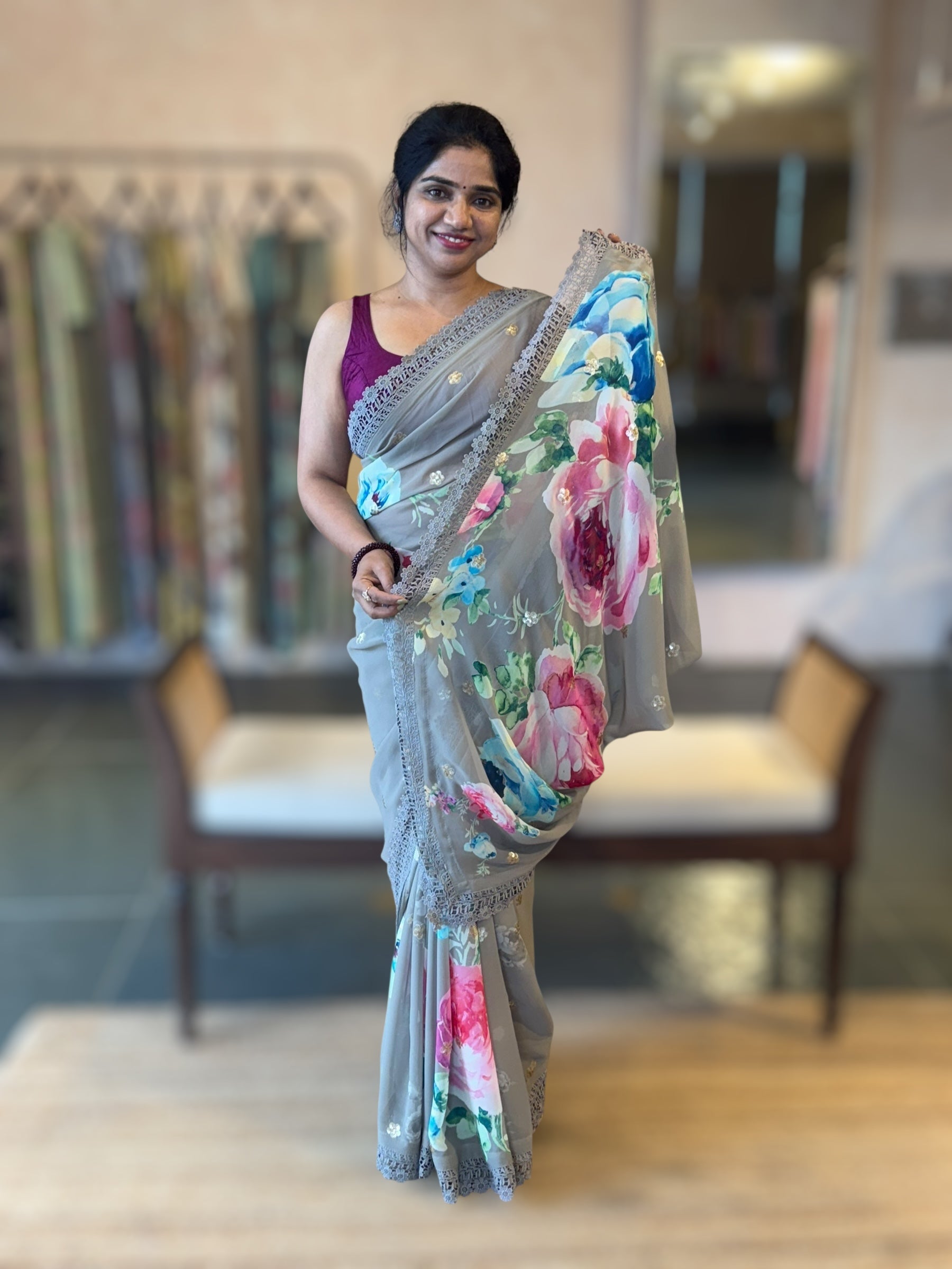 Olive Floral Gorgette Saree with Allover Sequence Floral