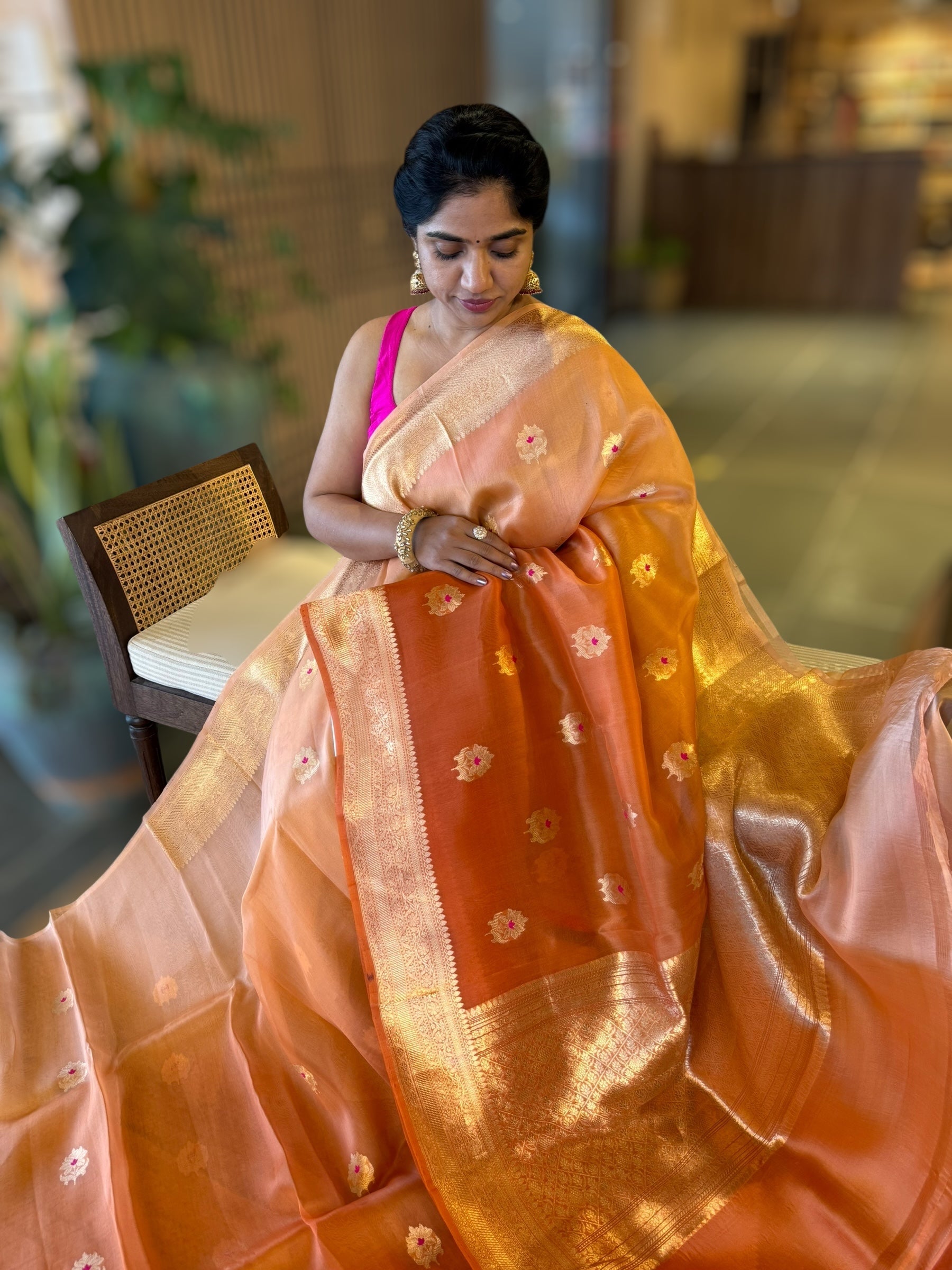 Rust Shaded Premium Kora Banarasi Saree with Allover Meenakari Kaduwa Motifs