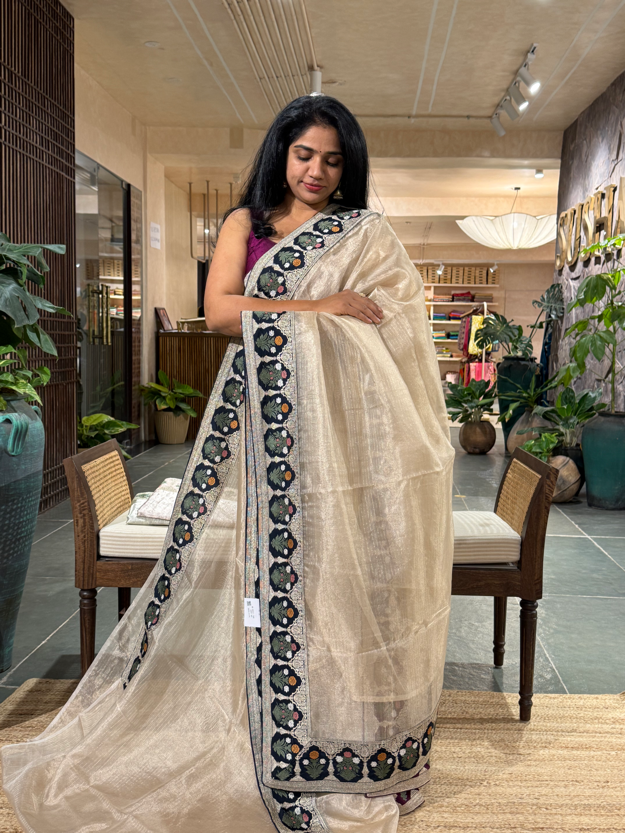 Beige Kora Tissue Stripes Saree With Midnight  Blue Sabyasachi Borders & Blouse