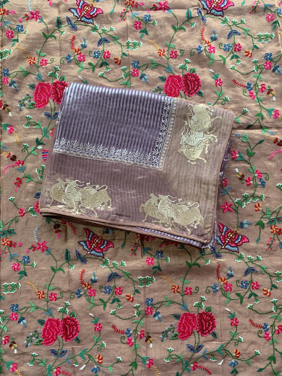 Mauve Tissue Stripes Saree with Nandi Border & Tissue Petite Point Blouse
