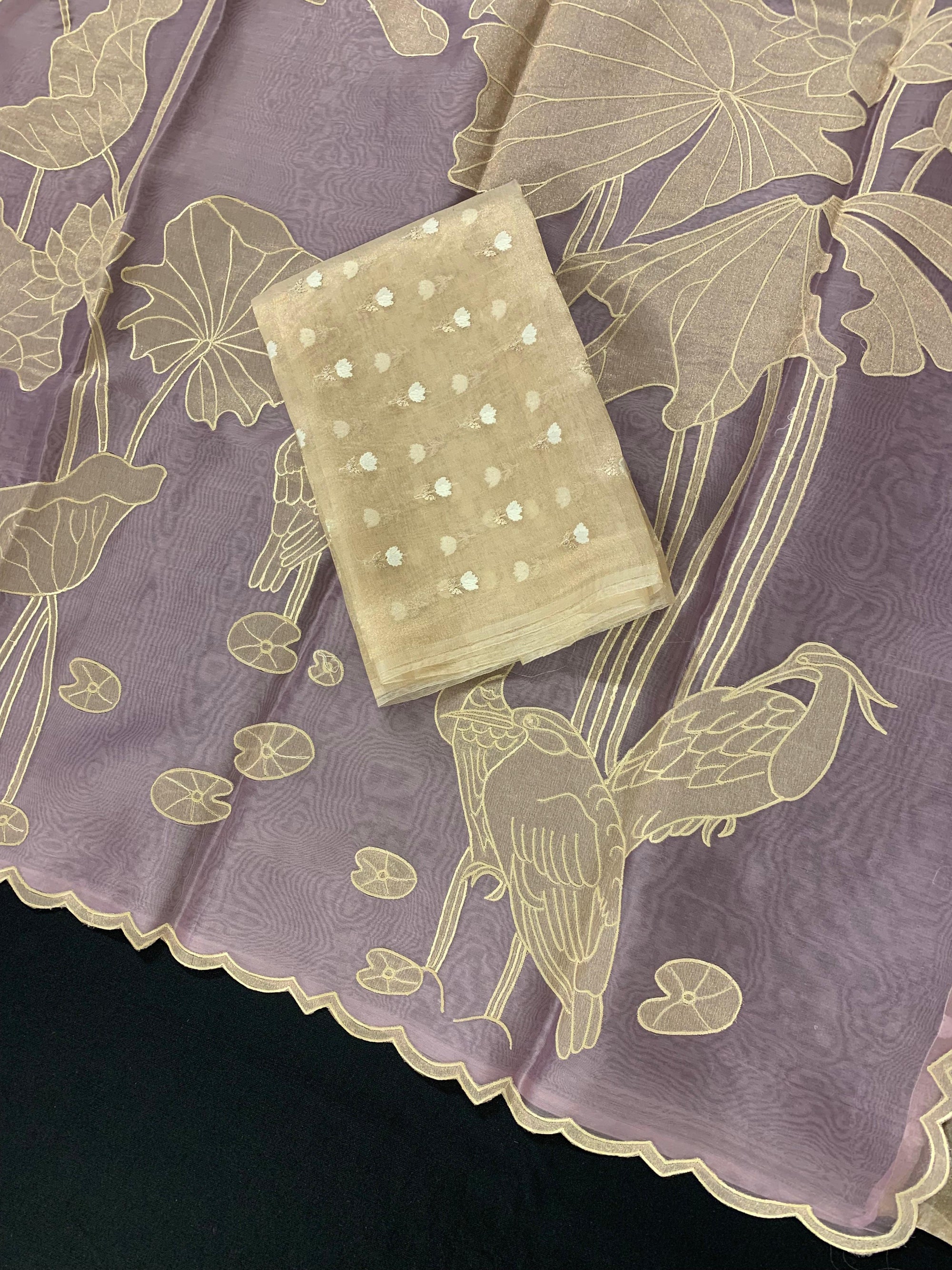Lilac Pure Organza Designer Saree with Allover Tissue Applique Embroidery