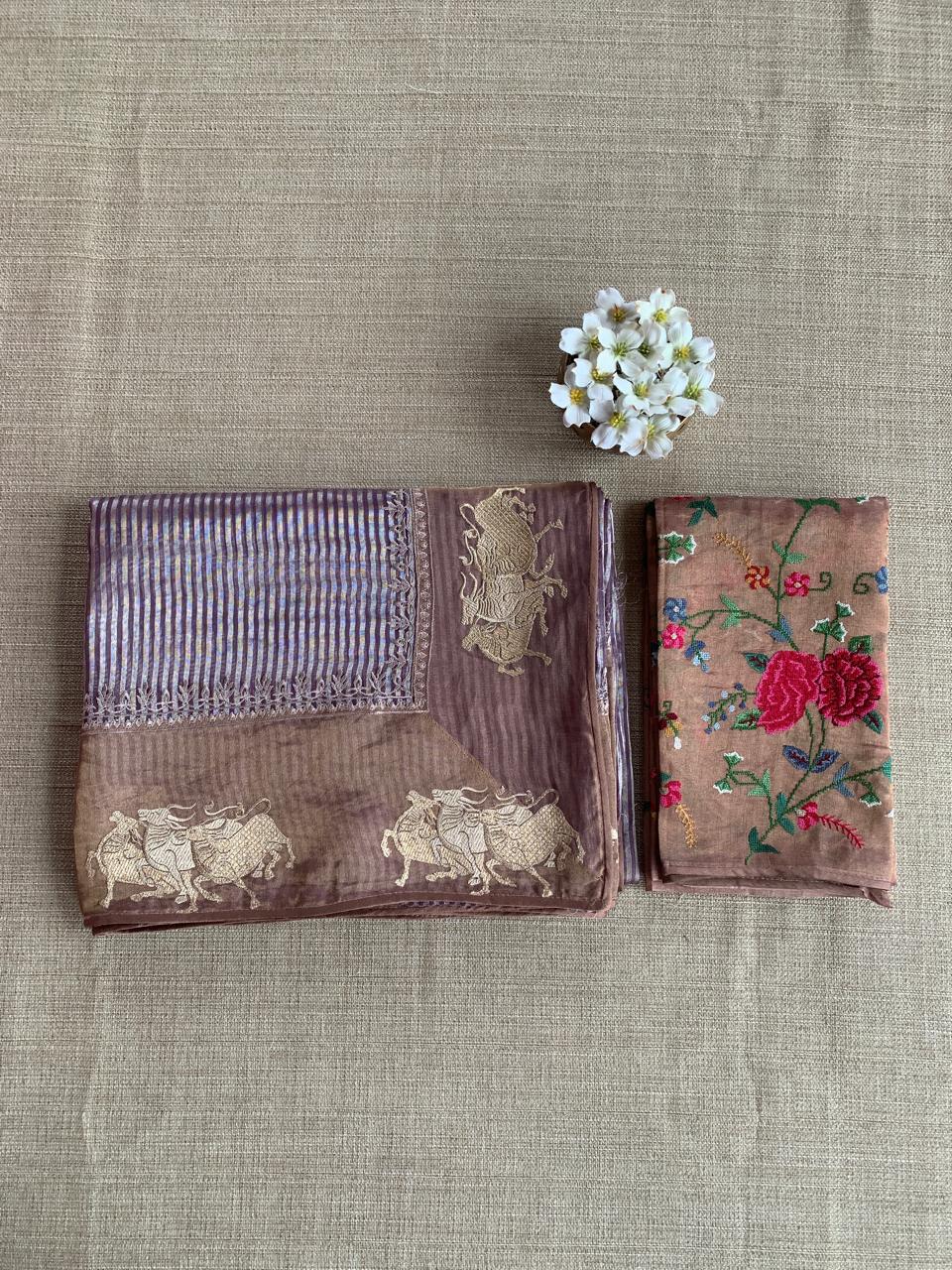 Mauve Tissue Stripes Saree with Nandi Border & Tissue Petite Point Blouse