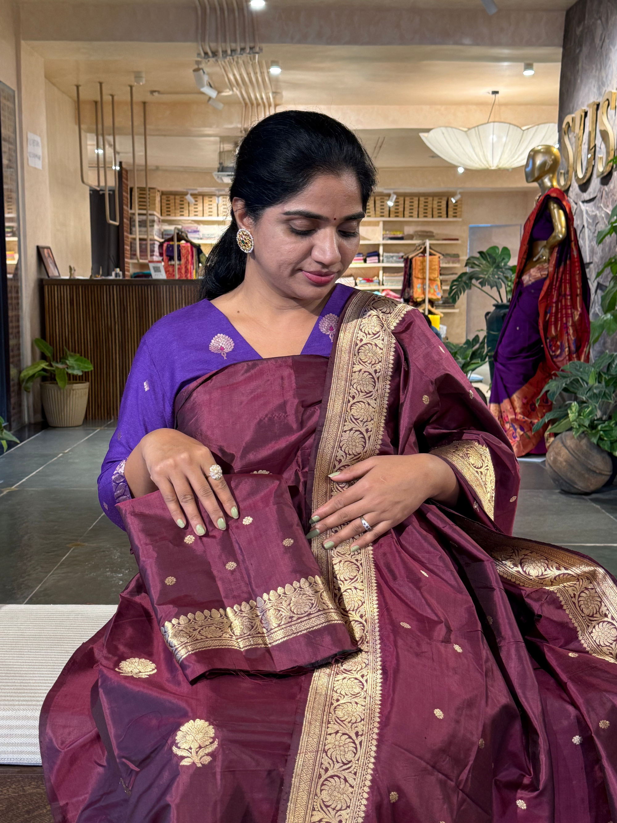 Winish Browm Pure Handloom Katan Silk  3 pc Suit Set with  kaduwa weaving