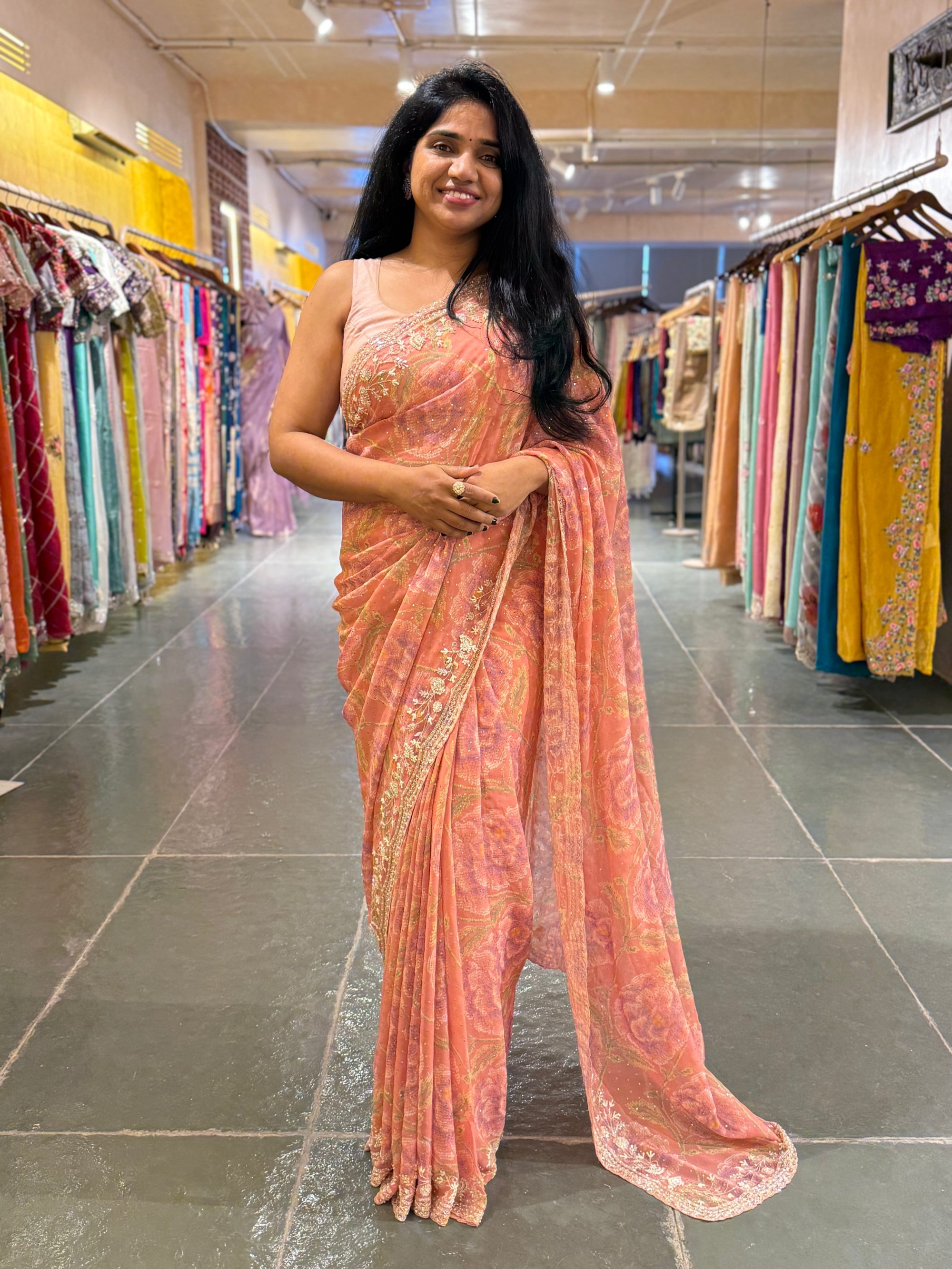 Peach Pink Pure gorgette printed Saree with handwork