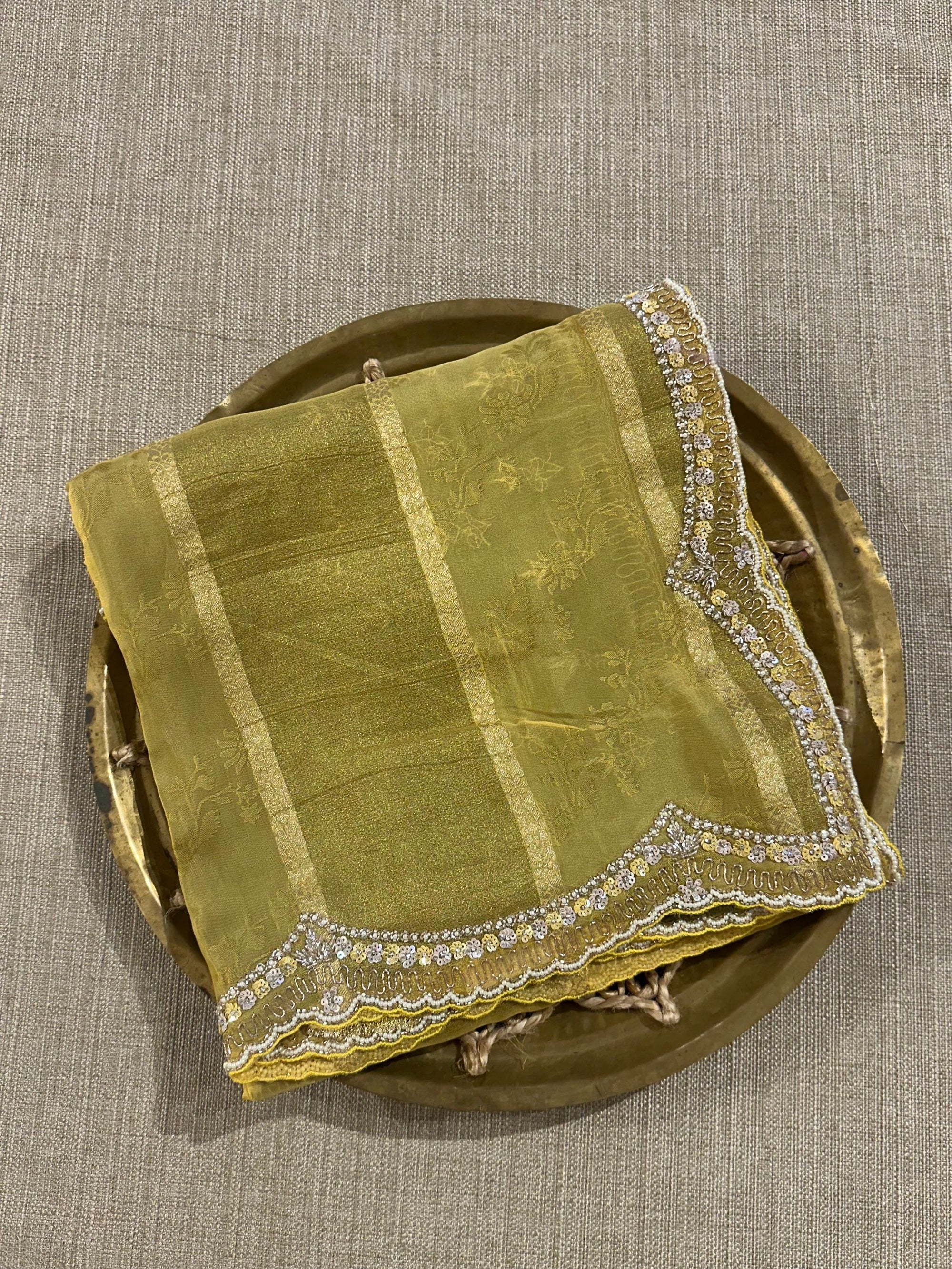 Yellow Tissue and kora brasso Saree with Scalloped handwork borders & blouse