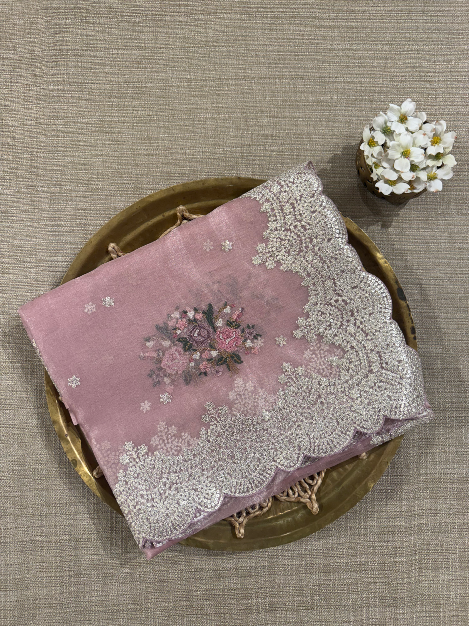 Pink Tissue Saree With allover Petite Point Motifs & Pittai Sequnce Borders