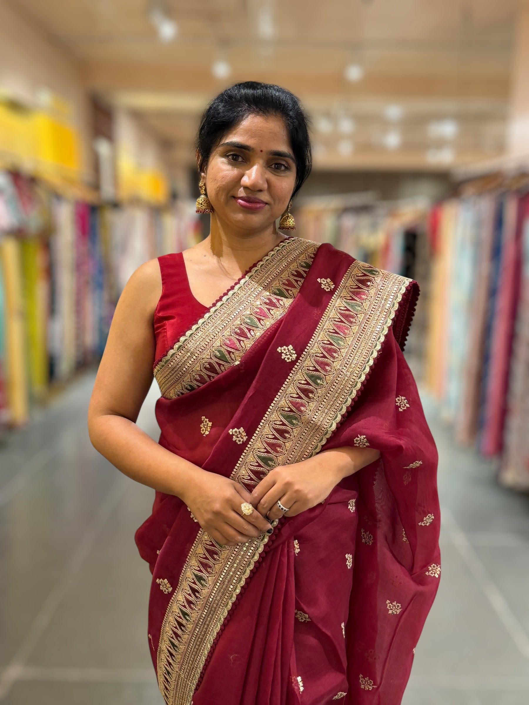 Luxe Brgundy Organza Saree with Sabyasachi-Inspired Border & Blouse