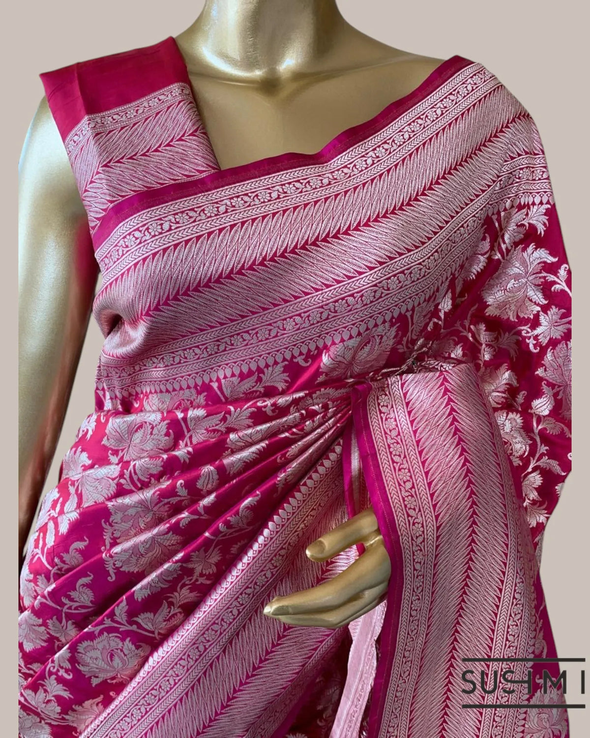 Ruby Pink Banarasi Katan Silk Saree with Allover Floral Jaal Weaving in silver z