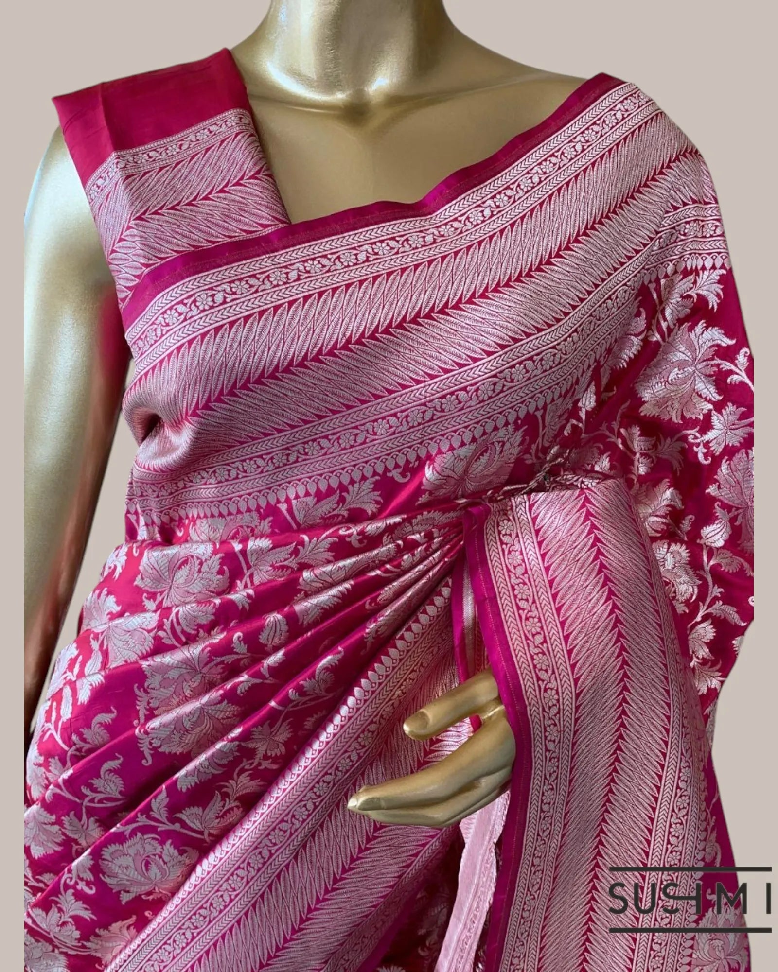 Ruby Pink Banarasi Katan Silk Saree with Allover Floral Jaal Weaving in silver z
