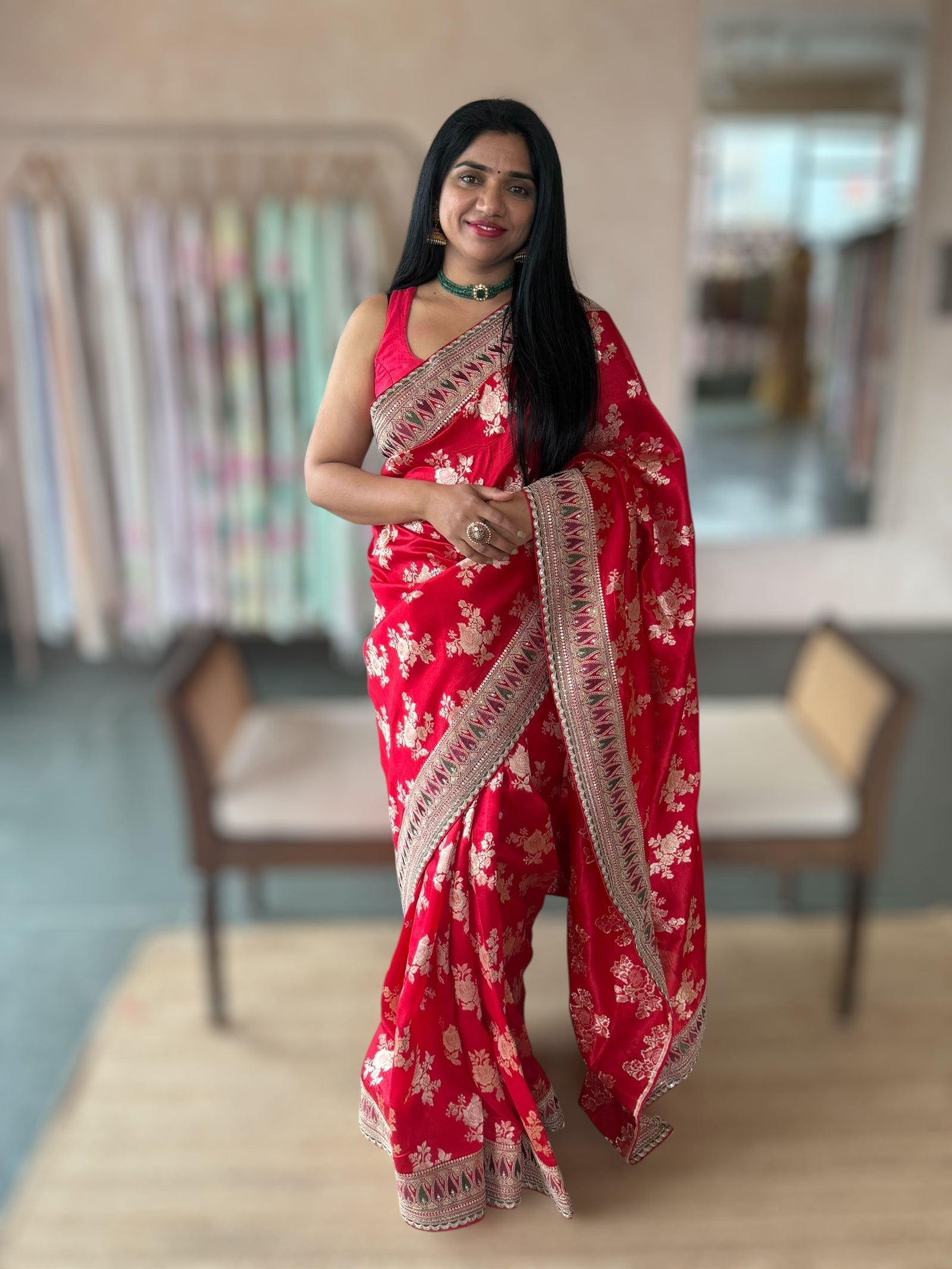 Chilli Red Banarasi Silk Saree With Sabhyasachi Borders