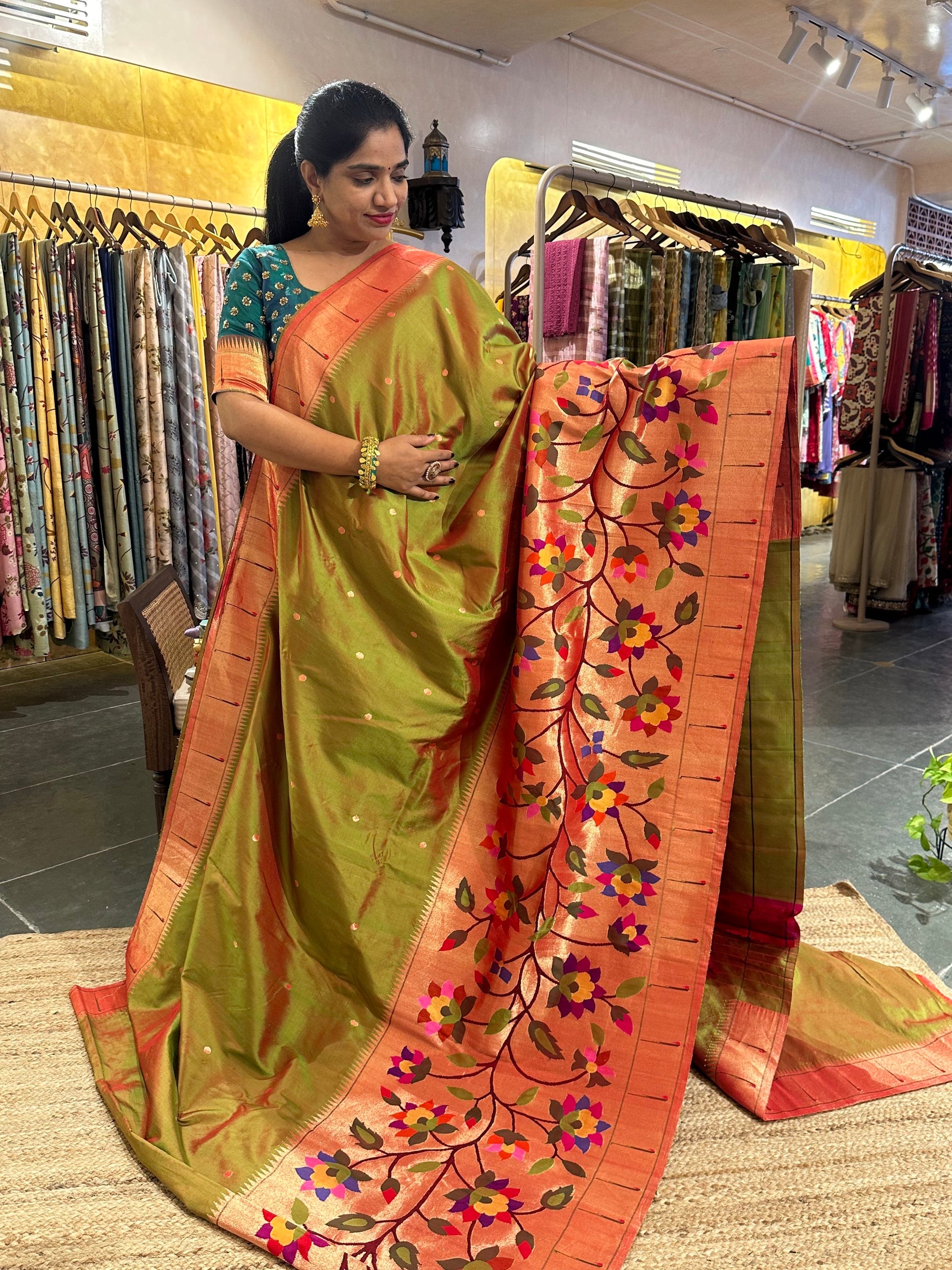 Mehendi Green Half Allover Pure Handloom yeola Paithani Saree