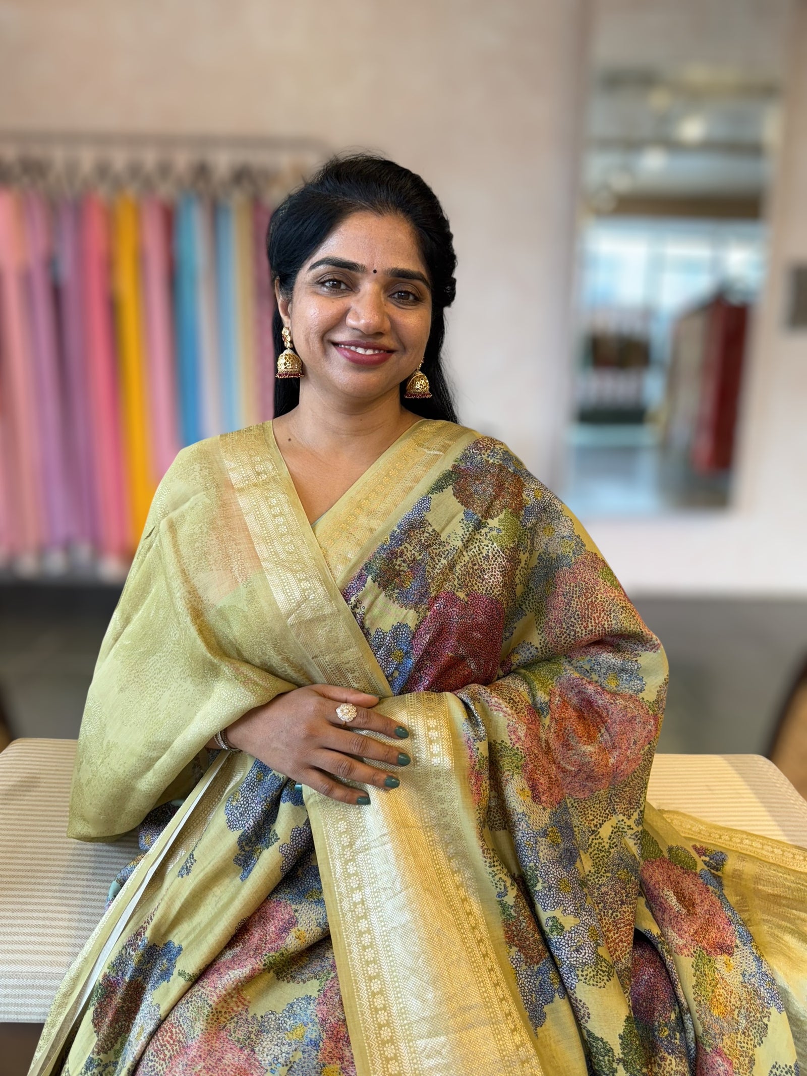 Light Olive Pista Chiniya Silk Saree With Petite Point  Emb Style Print