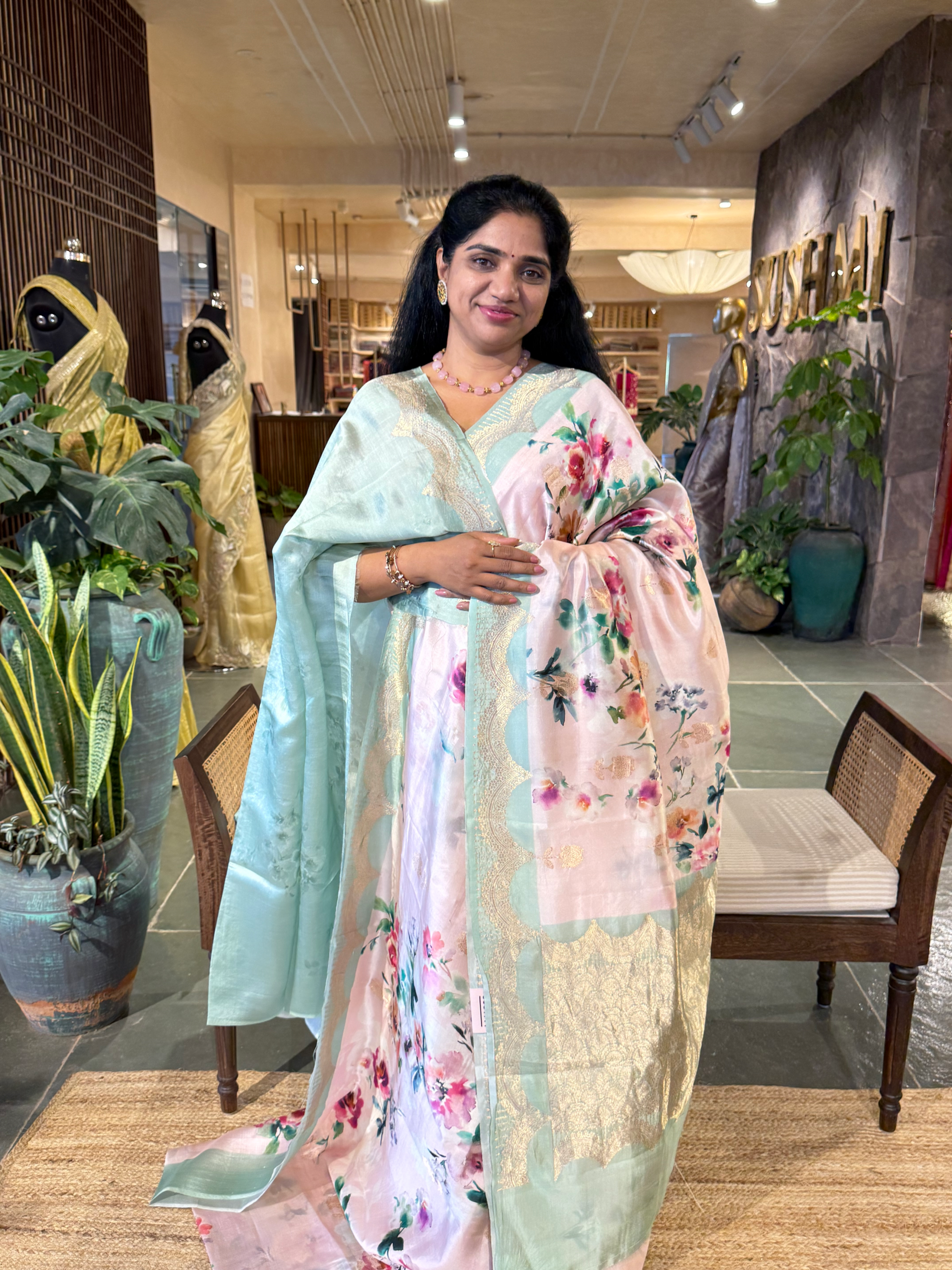 Banarasi Soft Silk Printed Saree With Scalloped Woven Zari Border