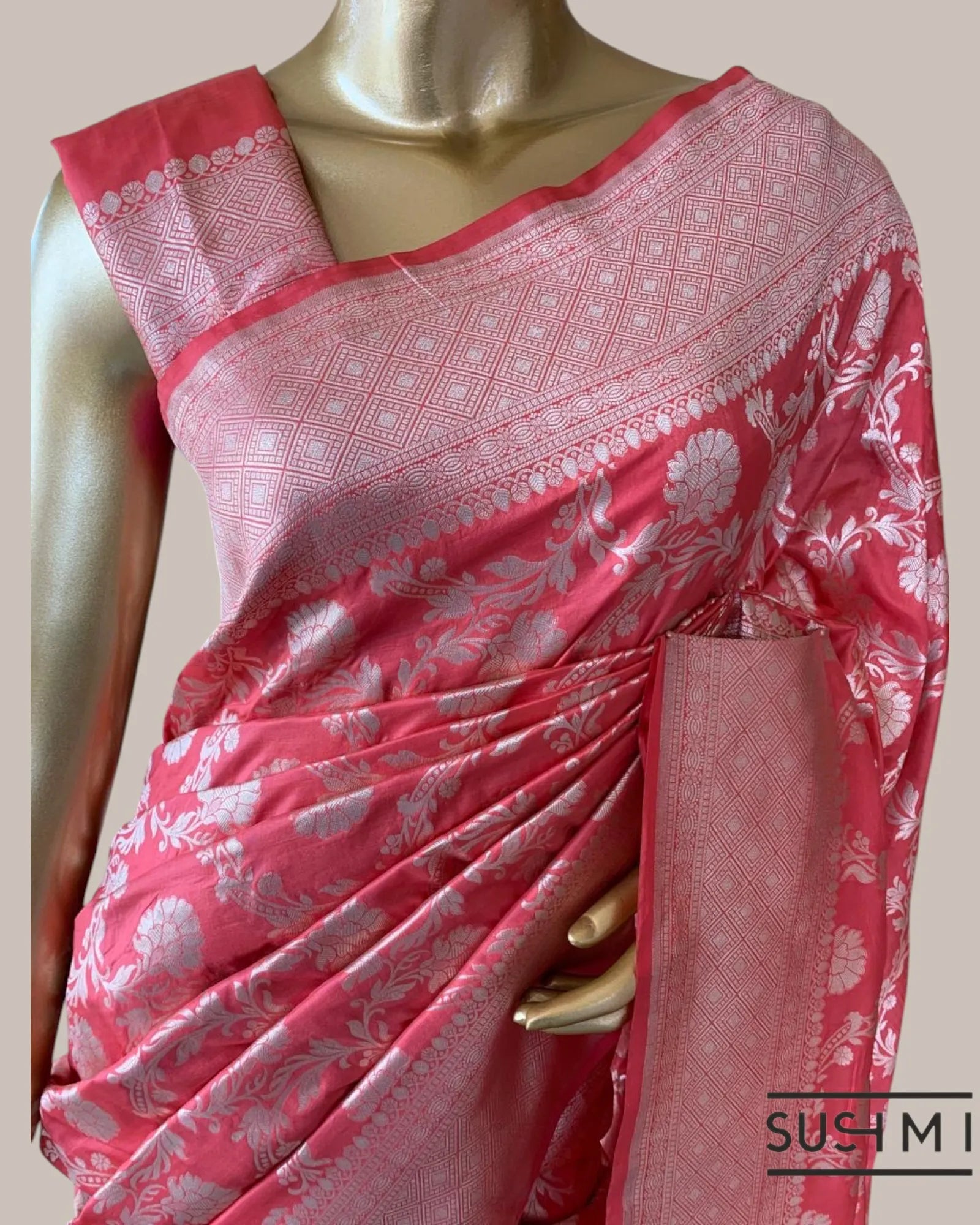 Kanakambaram Color Banarasi Katan Silk Saree with alliver  floral creeper jaal d