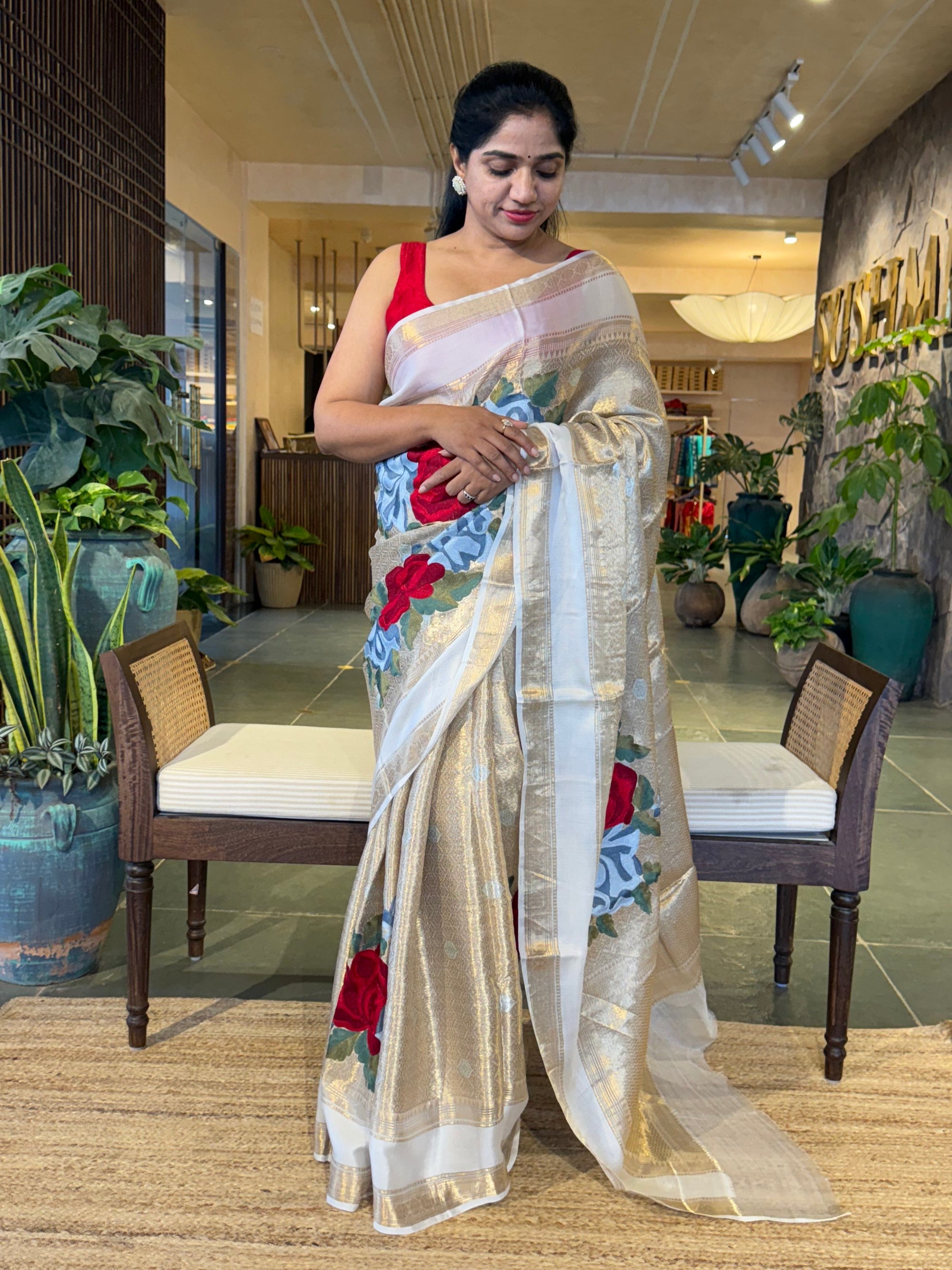 Gold Kota Brocade Tissue Saree with Gap Border & Big Statement Floral Embroidery