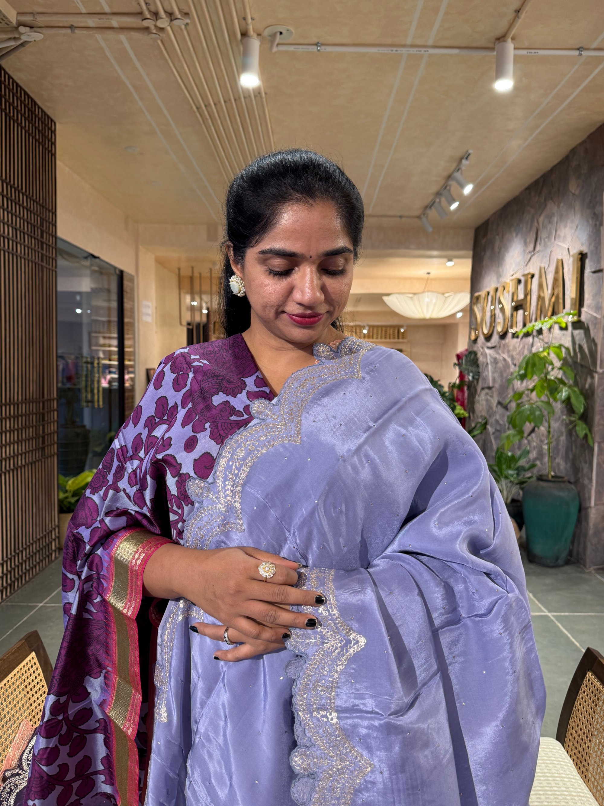 Bluish Lilac Crepe Silk Saree With Pita Work Scallop Border