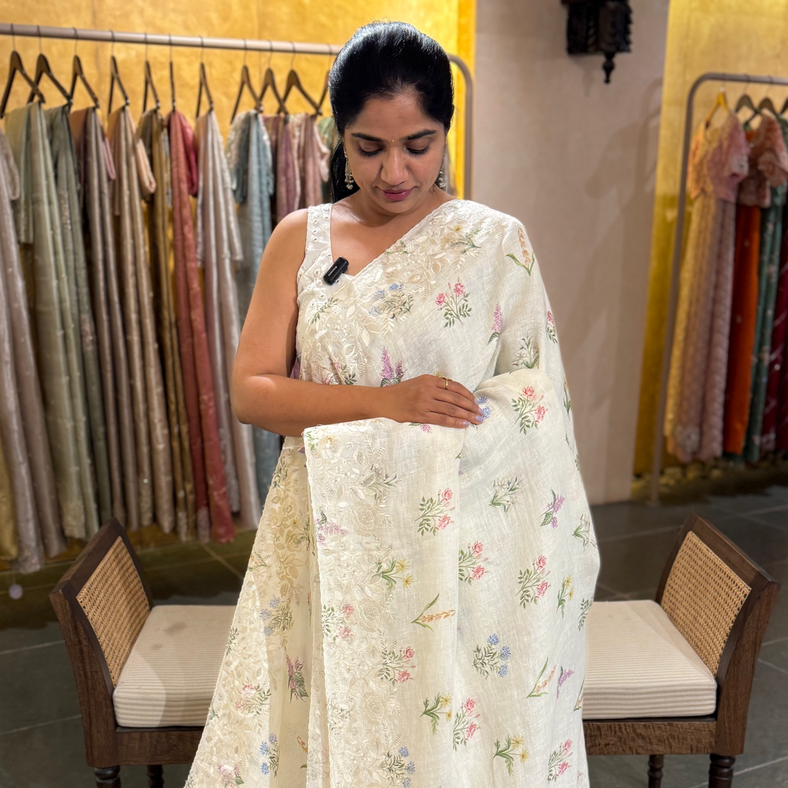 Pure Handloom Lenin Print Saree With  Parsi Gara Style Embroidery