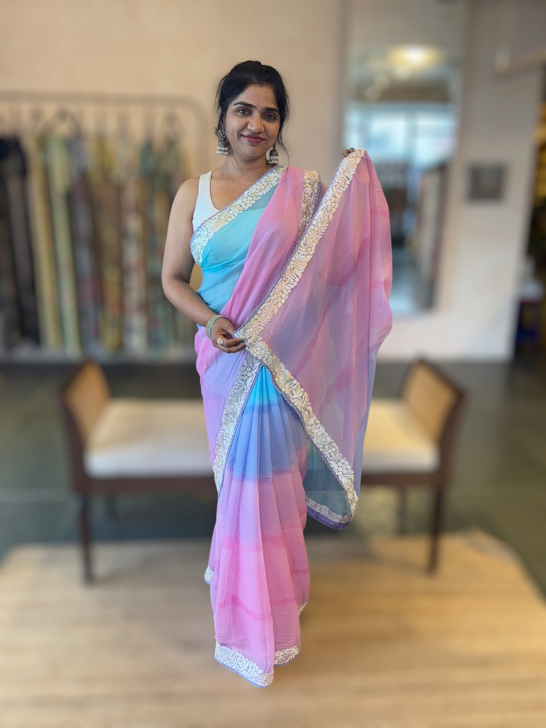 Pure Chiffon Saree with Ombre Brush dyeing & Parsi Gara Embroidered Border