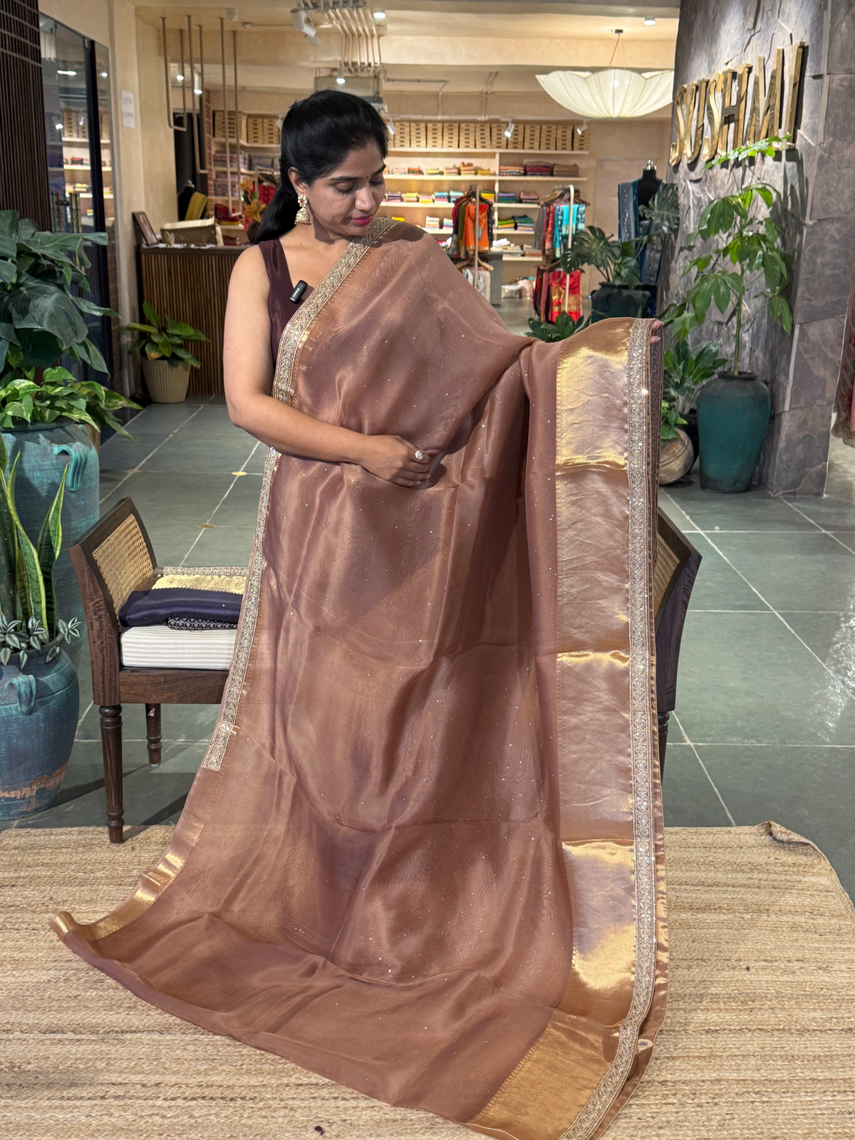 SK1091413ORG: Dusty Light Brown Kanchi Kora Saree with allover mukaish handwork