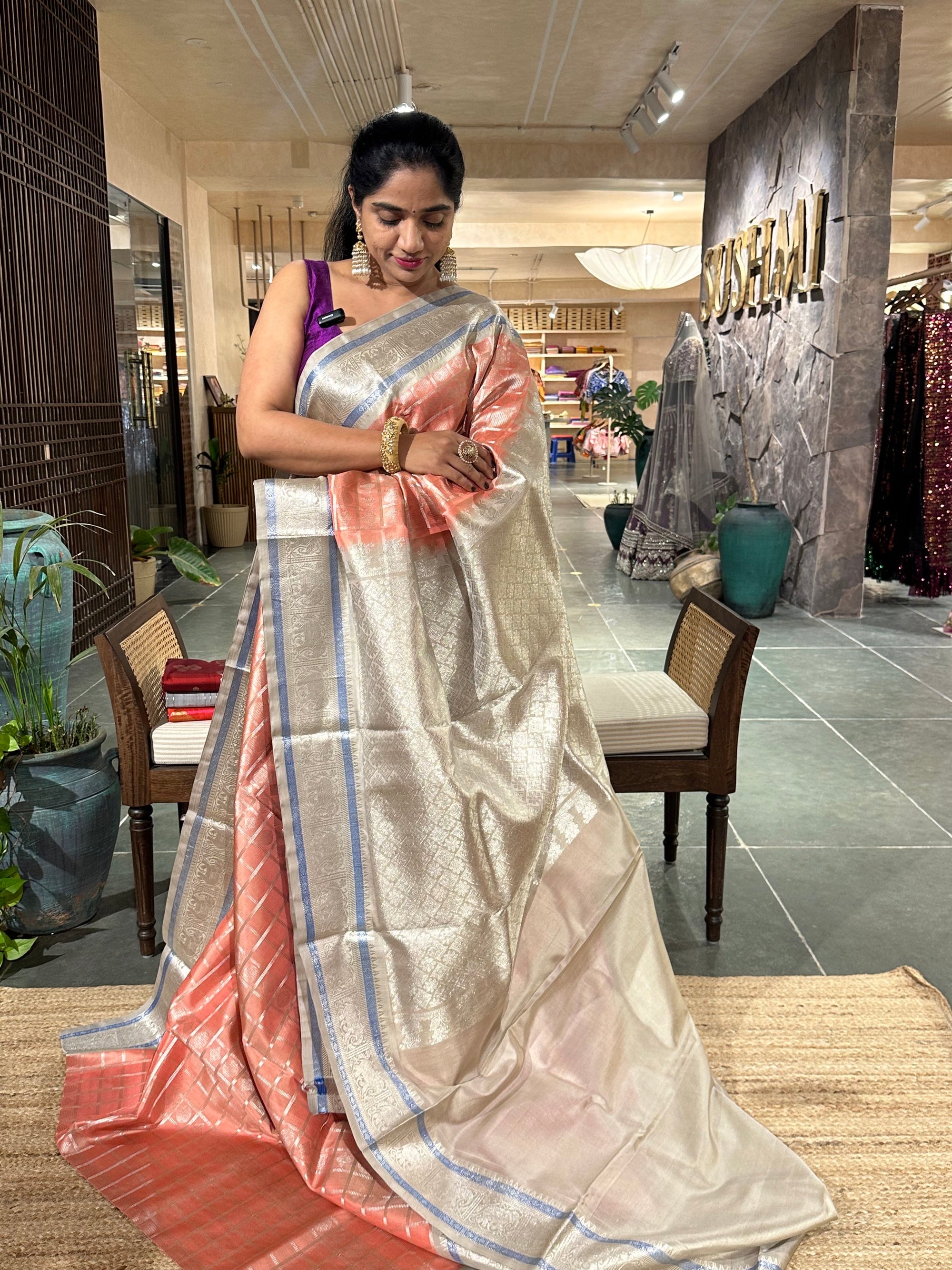Peach and Grey Combo Venkatagiri Handloom Pure Silk Saree