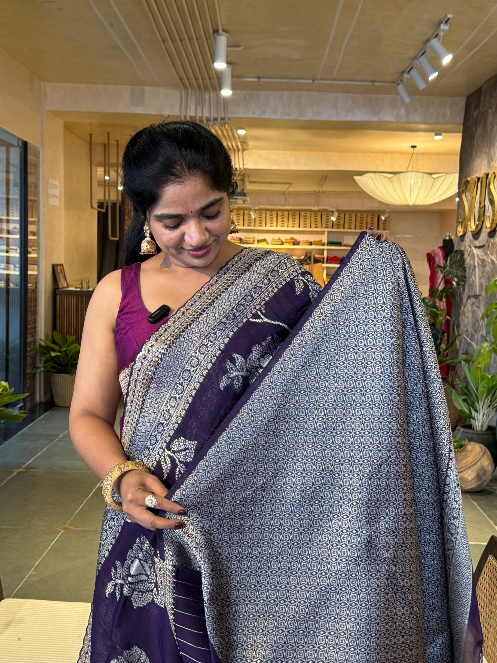 Violet Tussar Khaddi Saree wth Allover weaving & sabhyasachi borders STKM15
