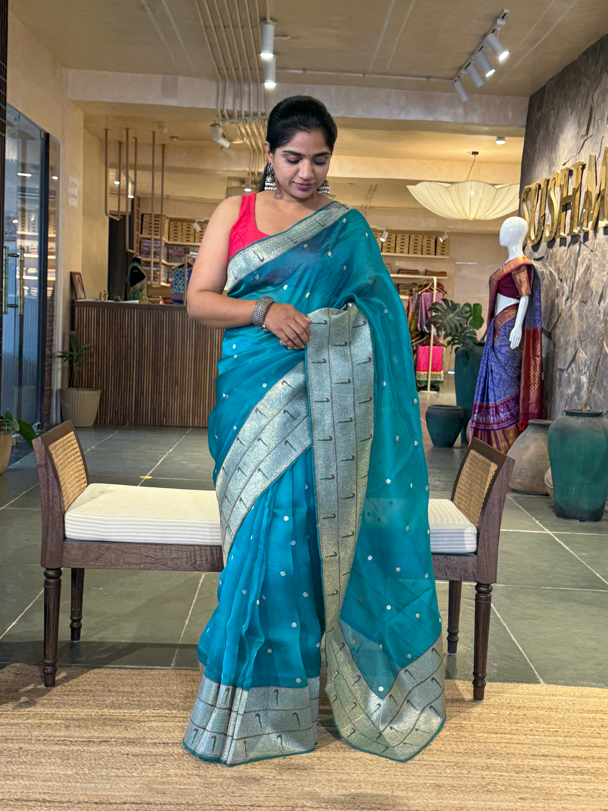 Peacock Blue Pure Handloom Kora Silk and Pythani Fusion Saree