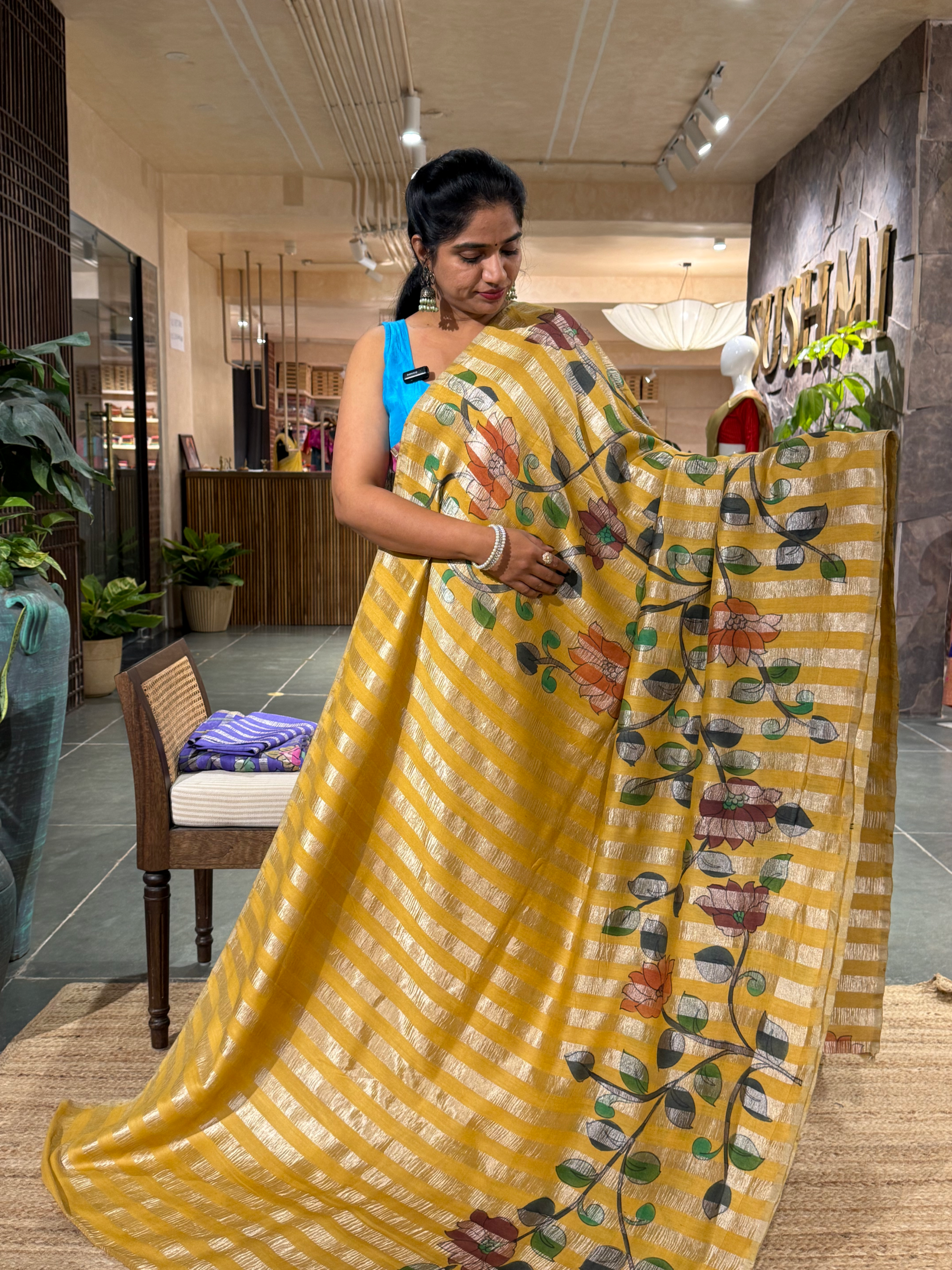 SMTKM173 Pure Handloom Munga Silk Wth Tissue Stripes & Penkalamkari Handpainting