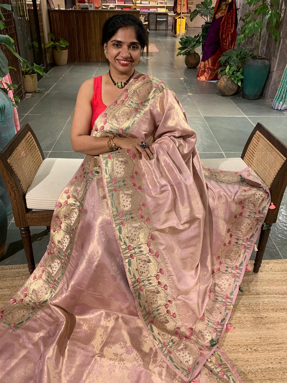 Lilac Kanchi Tissue Brocade Saree With Tissue Pichwai Embroidered Border