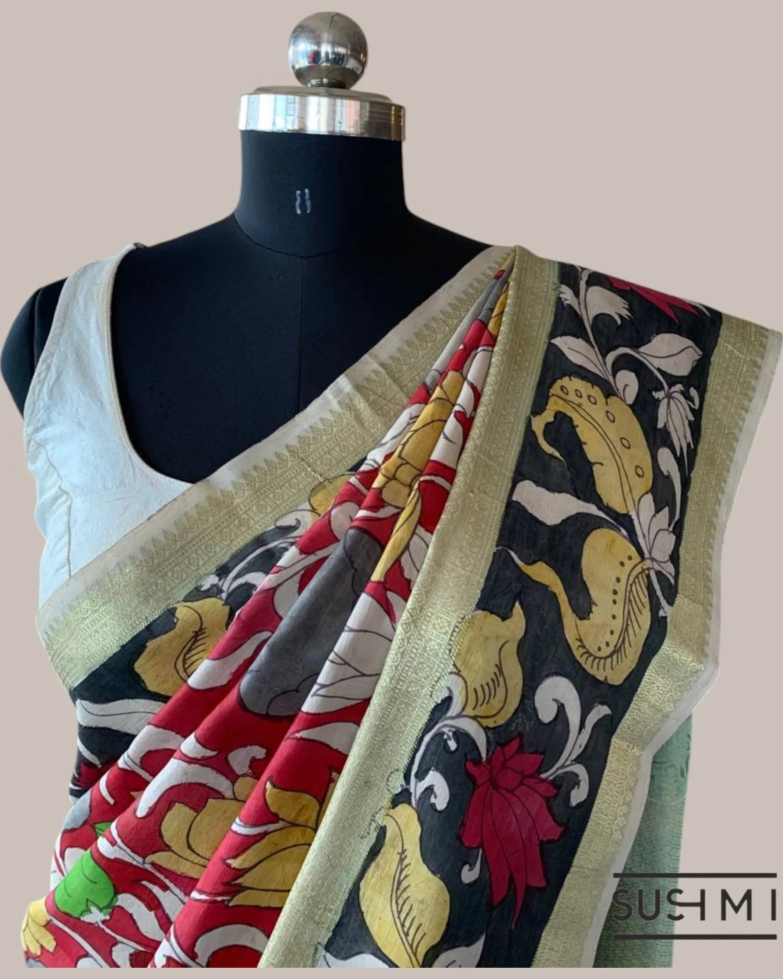 Red Kanchi Pen kalamkari handpainted saree with heavy borders